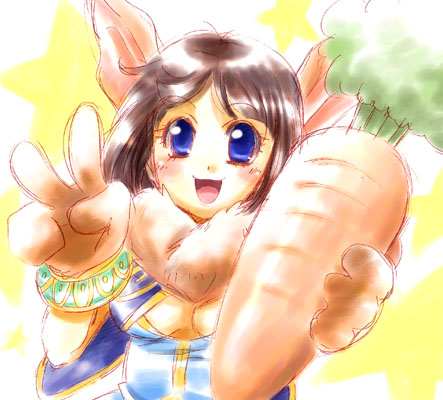 1girl :d animal_ears blue_eyes breasts brown_gloves carrot chrono_(series) chrono_cross female_focus food fur_trim gloves holding holding_food janice janice_(chrono_cross) lowres open_mouth rabbit_ears short_hair small_breasts smile solo upper_body