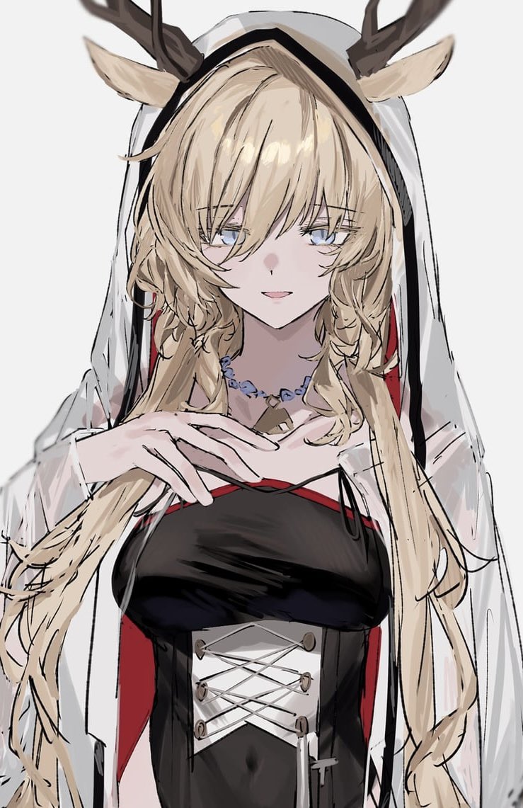 1girl animal_ears antlers antlers_through_headwear aogisa arknights black_dress blonde_hair blue_eyes breasts dress ears_through_headwear horns jewelry large_breasts looking_at_viewer moose_antlers moose_ears moose_girl necklace parted_lips simple_background solo upper_body viviana_(arknights) white_background white_hood