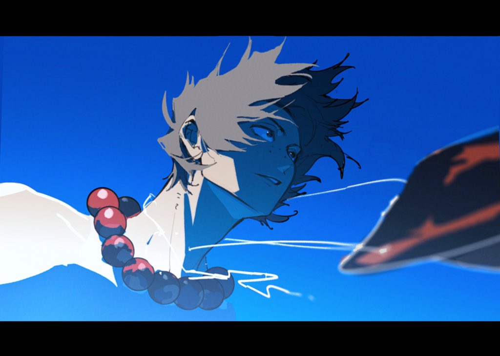 1boy black_hair blue_sky close-up floating_hair freckles jewelry letterboxed looking_ahead male_focus necklace one_piece one_piece_fan_letter onecata11 parted_lips pearl_necklace portgas_d._ace short_hair sky solo topless_male