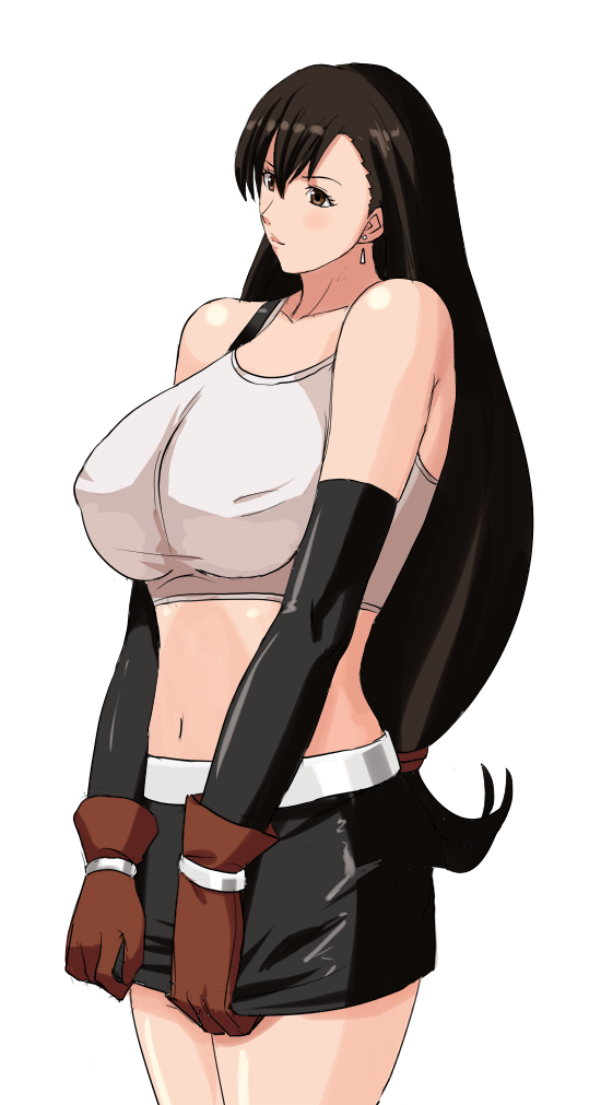 1girl 78_(tky8) bare_legs bare_shoulders black_gloves black_hair breasts brown_eyes brown_gloves collarbone earrings elbow_gloves eyebrows_hidden_by_hair final_fantasy final_fantasy_vii gloves hair_between_eyes hairband jewelry large_breasts long_hair looking_to_the_side simple_background solo sports_bra tifa_lockhart vest white_background