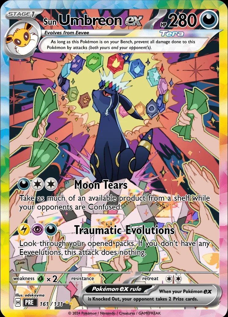 banknote black_fur box_stack card_(medium) card_parody colored_sclera commentary crown crying crying_with_eyes_open eevee english_commentary english_text gen_1_pokemon gen_2_pokemon halo holding holding_money looking_up money nintendo odeko_yma palms_together pokemon pokemon_(creature) pokemon_focus pokemon_tcg reaching reaching_towards_another red_sclera second-party_source tears terastallization umbreon