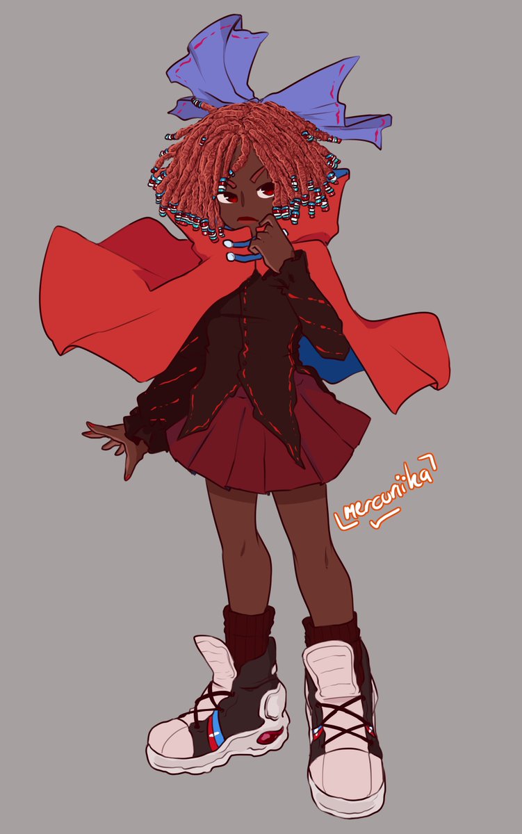 1girl alternate_skin_color artist_name blacktober bow cape closed_mouth commentary curly_hair dark-skinned_female dark_skin double_dealing_character dress english_commentary full_body grey_background hair_bow highres long_sleeves looking_at_viewer mercuriika red_eyes red_hair sekibanki shirt short_hair simple_background skirt solo touhou