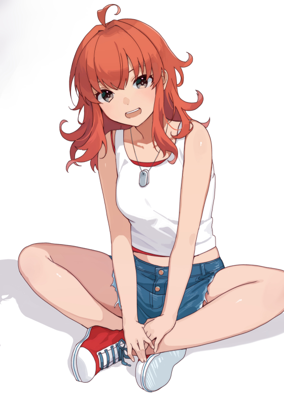 1girl ahoge alternate_costume arashi_(kancolle) blue_shorts breasts brown_eyes casual commentary_request commission cutoffs denim denim_shorts full_body indian_style kantai_collection looking_at_viewer medium_breasts messy_hair mitsuyo_(mituyo324) open_mouth red_hair shorts simple_background sitting solo tank_top teeth upper_teeth_only white_background white_tank_top