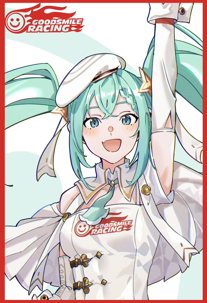 #money 1girl 2023 aqua_eyes aqua_hair beret border breasts capelet clothes_writing flame_print goodsmile_company goodsmile_racing hair_between_eyes hair_ornament hair_ribbon hand_up hat hatsune_miku light_blush logo long_hair medium_breasts necktie official_alternate_costume open_mouth racing_miku racing_miku_(2023) red_border ribbon smiley_face solo star_(symbol) star_hair_ornament twintails upper_body very_long_hair vocaloid white_hat white_ribbon