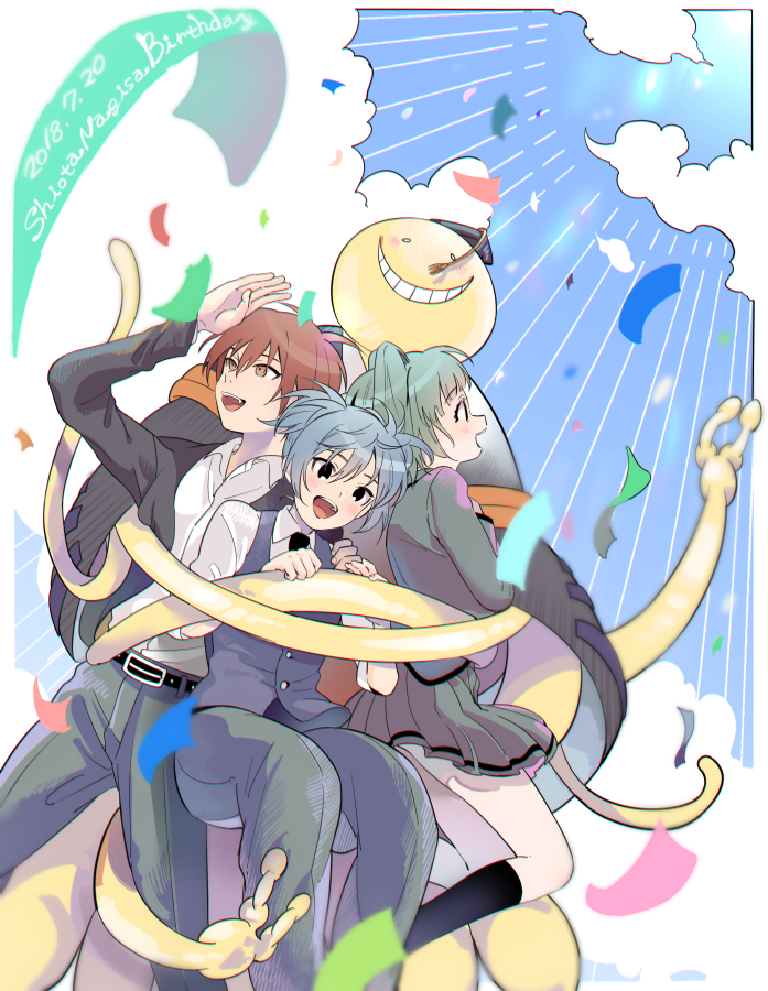 1girl 3boys akabane_karma ansatsu_kyoushitsu birthday black_eyes black_jacket blue_hair blue_vest collared_shirt colored_skin dated green_hair grey_jacket grey_skirt jacket kayano_kaede kkk_111 koro-sensei multiple_boys open_mouth pants pleated_skirt red_eyes red_hair shiota_nagisa shirt short_hair skirt smile tentacles vest white_shirt yellow_skin