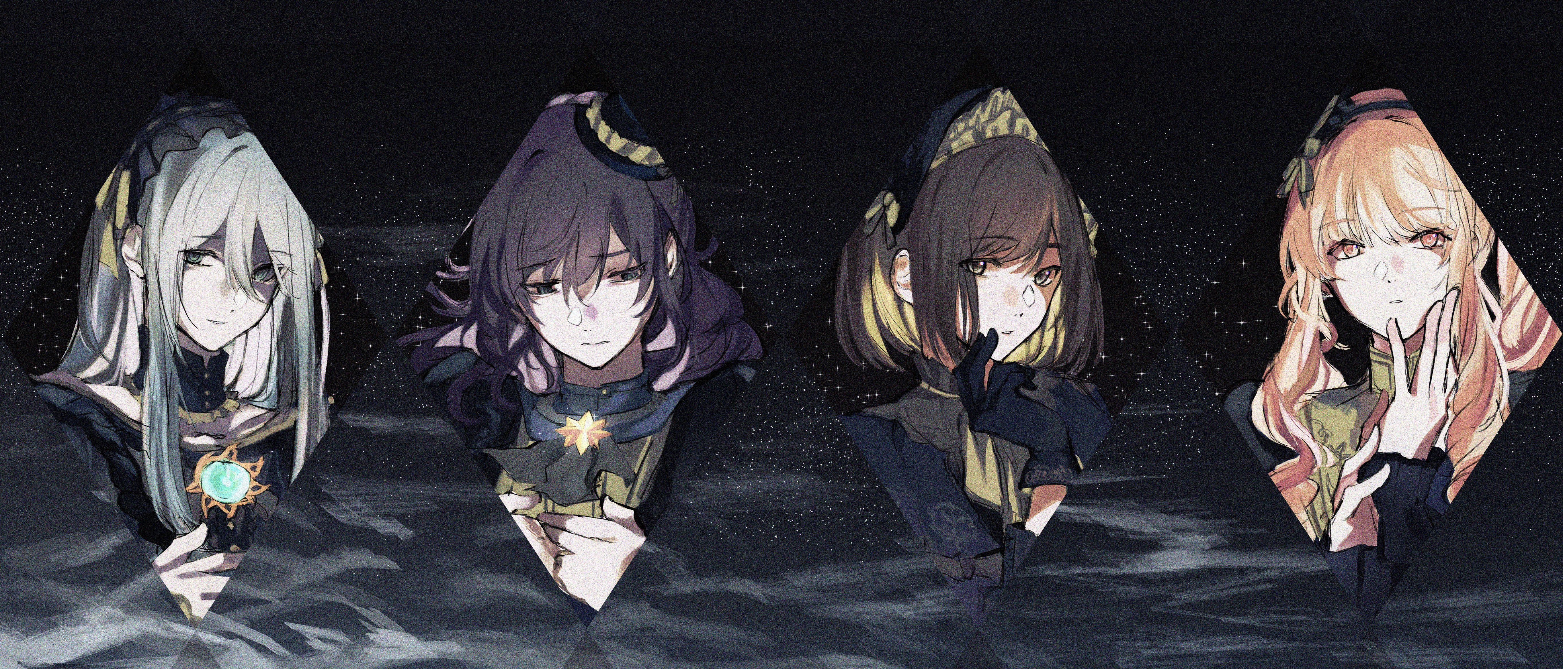 1other 25-ji_nightcord_de._(project_sekai) 3girls absurdres akiyama_mizuki androgynous asahina_mafuyu black_background black_gloves brown_eyes brown_hair closed_mouth commentary diamond_(shape) dress expressionless gem gloves green_hair grey_hair hair_ornament hand_on_own_face hat highres long_hair looking_at_viewer looking_down minasoko_ni_kage_wo_sagashite_(project_sekai) mini_hat multiple_girls official_alternate_costume otsggn pink_eyes pink_hair project_sekai purple_hair sad shinonome_ena short_hair sidelocks smile star_(sky) upper_body yoisaki_kanade