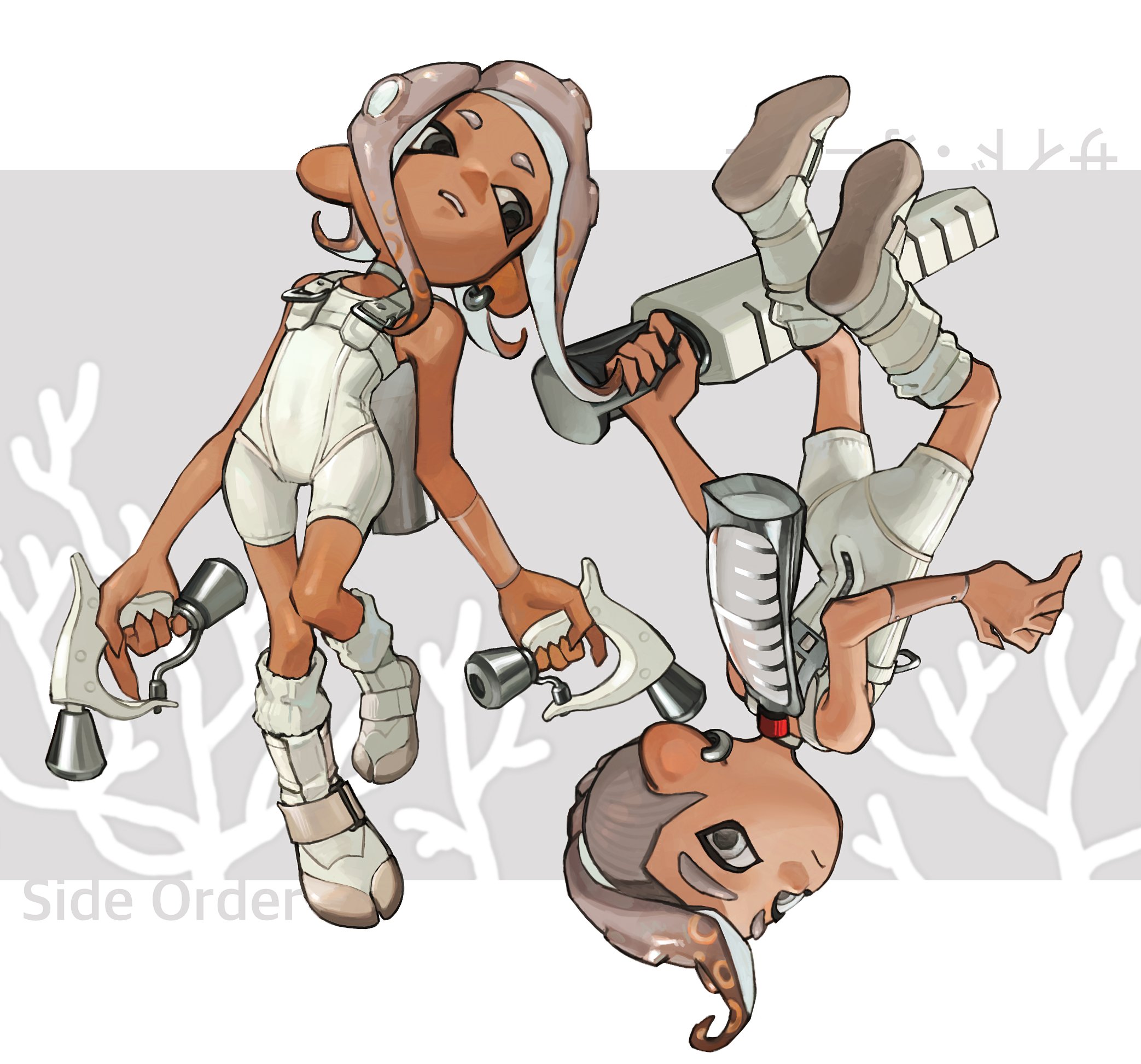 1boy 1girl agent_8_(splatoon) bodysuit copyright_name coral covered_navel earrings grey_eyes grey_hair highres holding ink_tank_(splatoon) jewelry long_hair miko_(15476997) mohawk nintendo octoling octoling_boy octoling_girl octoling_player_character order_dualies_(splatoon) order_splatana_(splatoon) short_hair single_earring splatoon_(series) splatoon_3 splatoon_3:_side_order tentacle_hair white_bodysuit