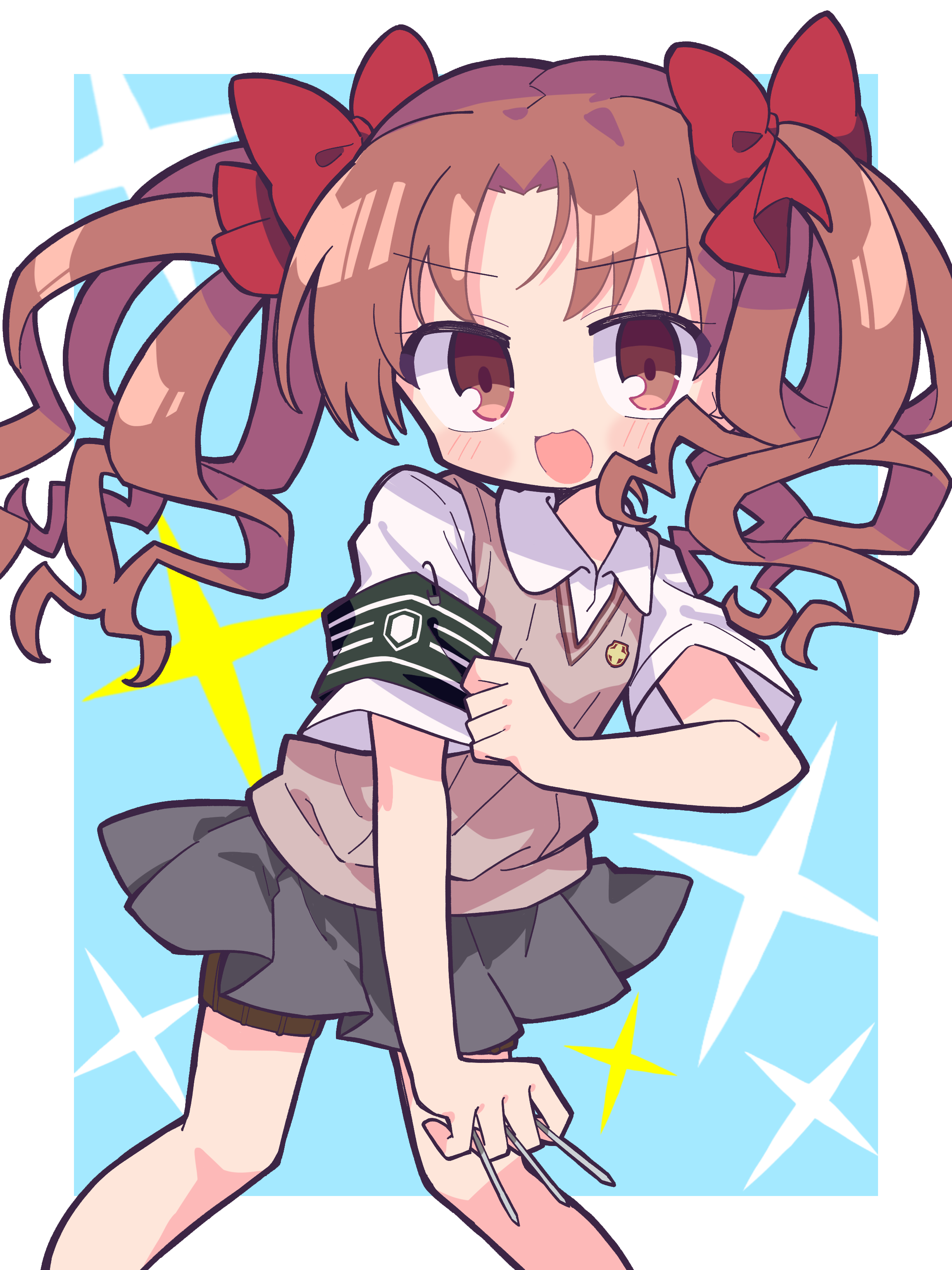 1girl absurdres armband between_fingers blue_background blush border bow brown_eyes brown_hair brown_sweater_vest collared_shirt commentary_request cowboy_shot emblem green_armband grey_skirt hair_bow highres holding holding_needle long_hair looking_at_viewer needle open_mouth outside_border pleated_skirt richard_(richaball) school_emblem school_uniform shirai_kuroko shirt short_sleeves skirt solo sparkle summer_uniform sweater_vest throwing_needles toaru_kagaku_no_railgun toaru_majutsu_no_index tokiwadai_school_uniform twintails white_border white_shirt