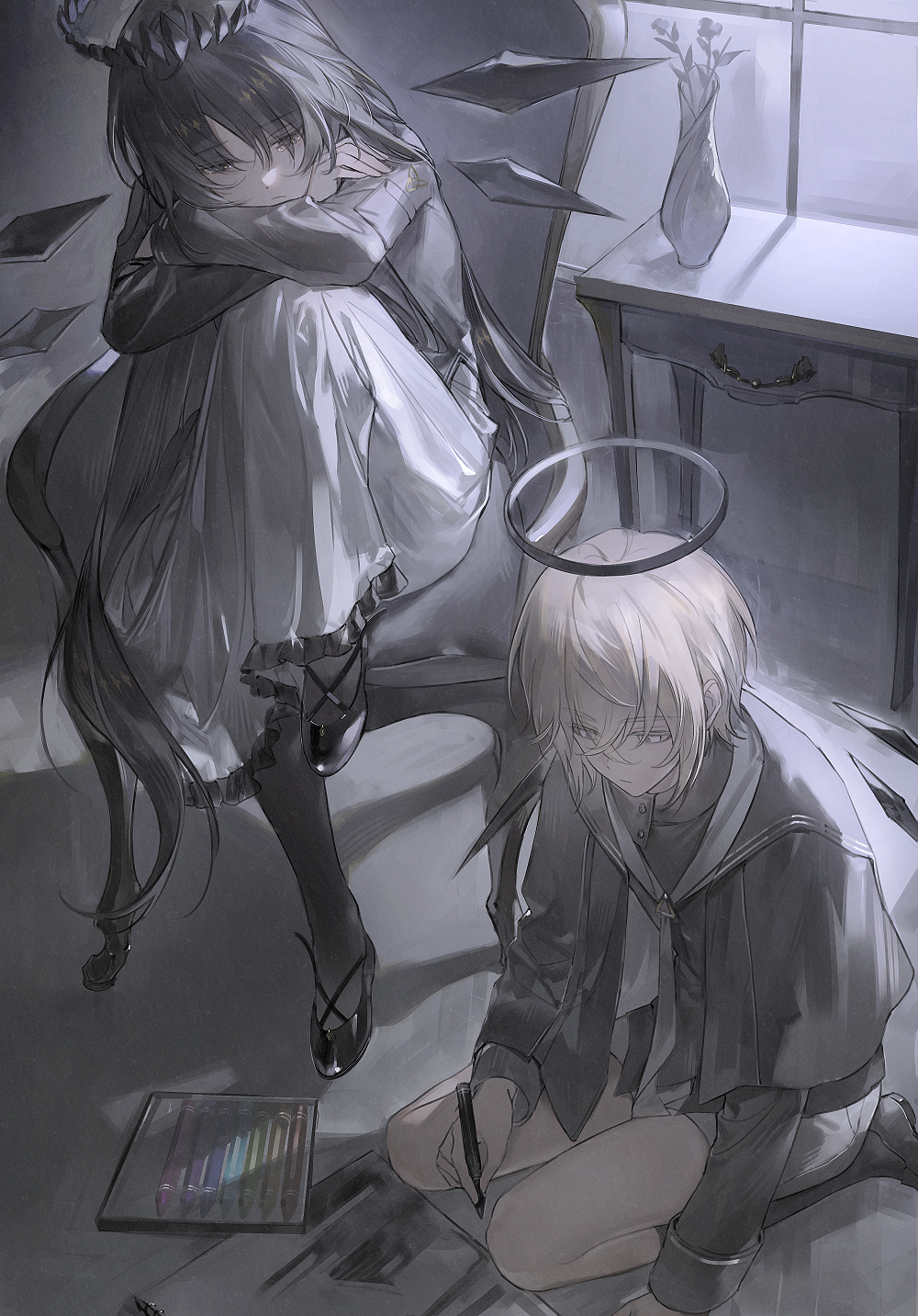 1boy 1girl arknights black_footwear black_hair black_halo black_pantyhose blonde_hair chair closed_eyes closed_mouth commentary crayon crossed_arms ddinut detached_wings executor_(arknights) flower_pot frilled_skirt frills grey_eyes halo highres holding holding_crayon indoors long_hair long_sleeves looking_down muted_color on_chair on_floor pantyhose shoes short_hair sitting skirt slice_of_life tearing_up very_long_hair virtuosa_(arknights) white_skirt wings