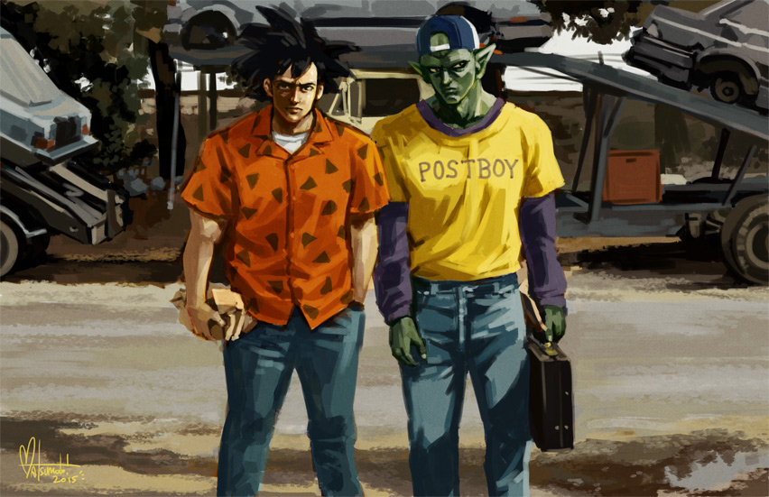 2boys car colored_skin denim dragon_ball dragonball_z english_text green_skin jeans motor_vehicle multiple_boys nina_matsumoto official_alternate_costume orange_shirt pants parody piccolo pulp_fiction shirt son_goku spiked_hair standing