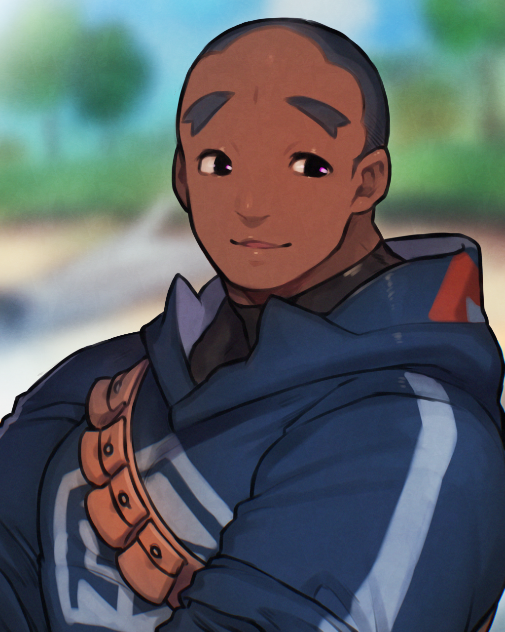1boy bara black_eyes black_hair black_shirt blue_jacket blurry blurry_background crew_cut dark-skinned_male dark_skin forked_eyebrows highres hood hood_down iscan_(pokemon) jacket looking_at_viewer male_focus mid_(mid_skb) nintendo outdoors pokemon pokemon_legends:_arceus shirt short_hair solo thick_neck very_dark_skin