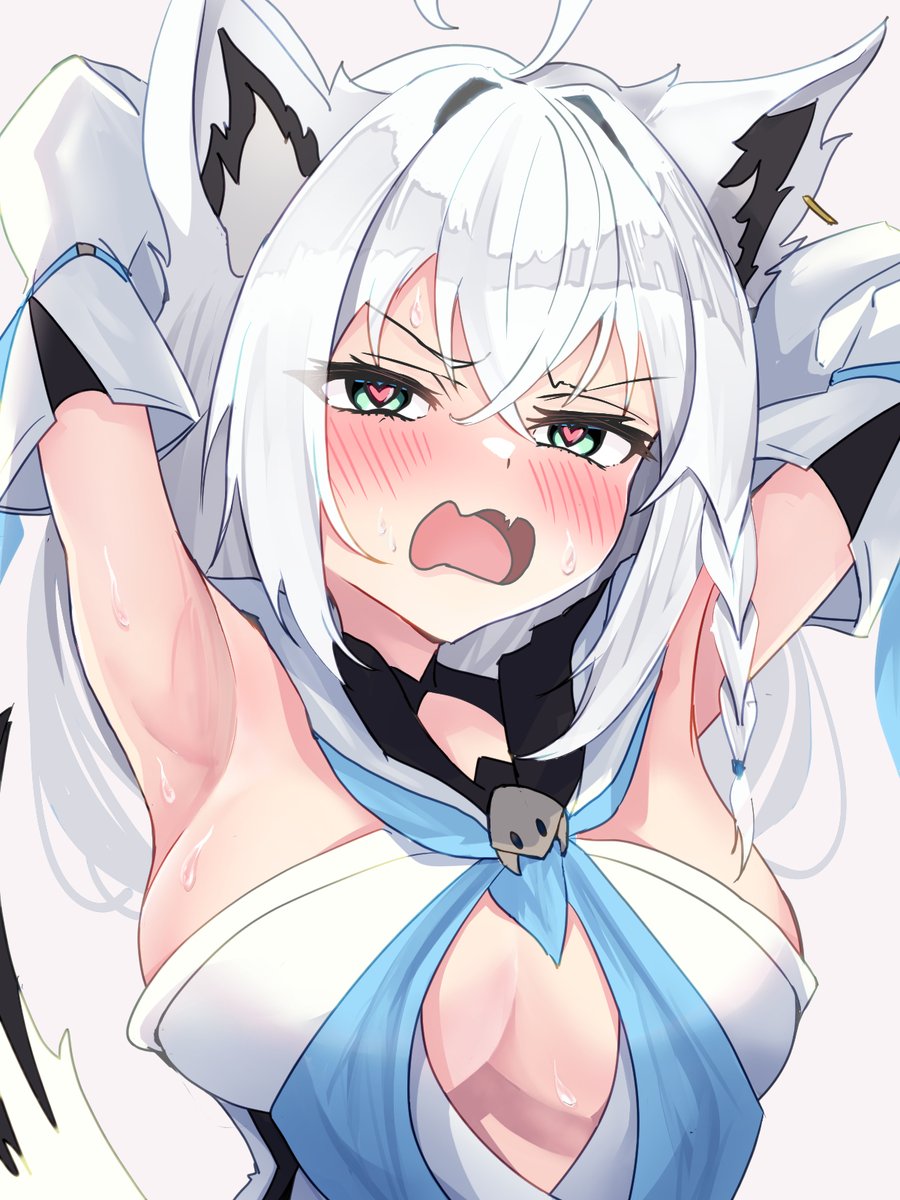 1girl ahoge animal_ear_fluff animal_ear_piercing animal_ears armpits arms_behind_head arms_up blush braid breasts cleavage commentary_request embarrassed fox_ears fox_girl frown green_eyes hair_between_eyes heart heart-shaped_pupils highres hololive long_hair looking_at_viewer open_mouth shiki_olie shirakami_fubuki side_braid sideboob sidelocks simple_background single_braid solo sweat symbol-shaped_pupils virtual_youtuber white_hair