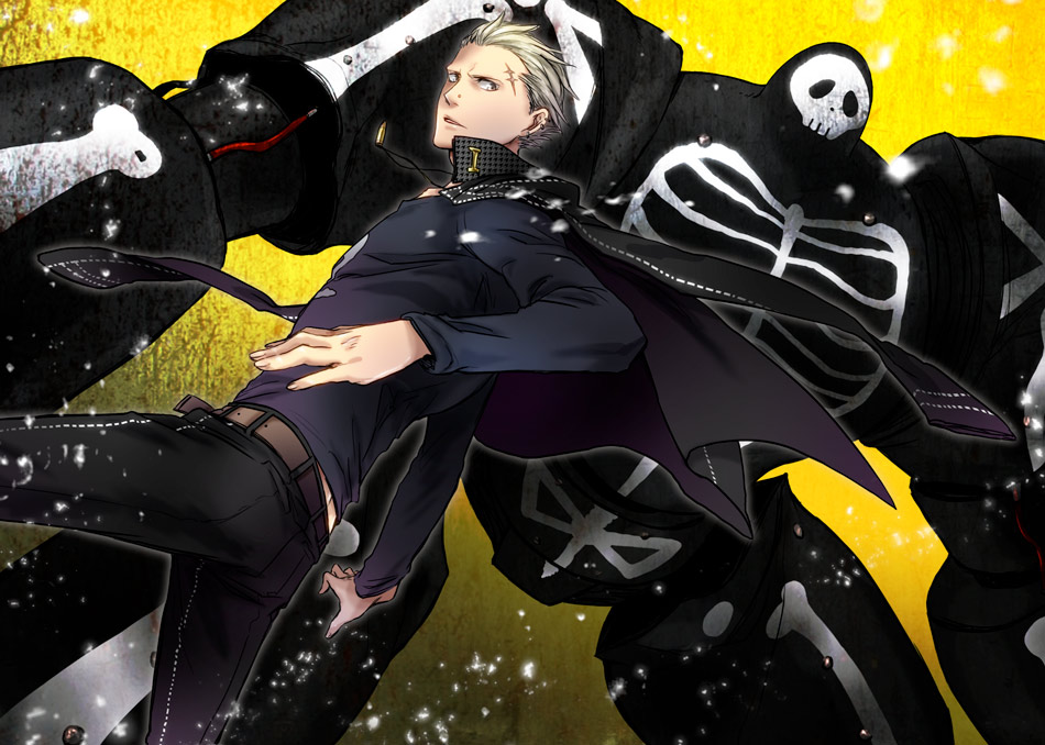 1boy atlus belt blonde_hair ear_piercing kakesu_(freiheit) persona persona_4 piercing scar school_uniform short_hair take-mikazuchi tatsumi_kanji