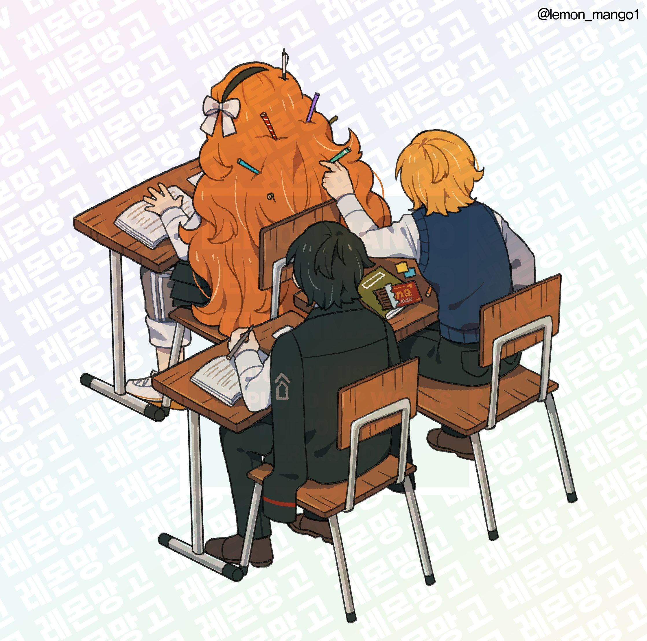 1boy 2girls bad_id bad_twitter_id black_coat black_hair black_pants blonde_hair bow coat coat_on_shoulders don_quixote_(project_moon) full_body hair_bow highres ishmael_(project_moon) lemon_mango1 limbus_company long_hair multiple_girls orange_hair pants pen_in_hair pencil_in_hair project_moon short_hair simple_background very_long_hair white_background white_bow yi_sang_(project_moon)