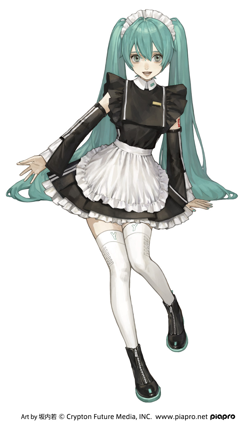 1girl apron arms_at_sides artist_name black_footwear copyright_notice detached_sleeves dress fingernails frilled_apron frilled_dress frilled_hairband frills green_eyes green_hair green_nails hair_between_eyes hairband hatsune_miku hatsune_miku_(noodle_stopper)_(sporty_maid) highres long_hair long_sleeves looking_at_viewer maid maid_headdress nail_polish official_art open_mouth sakauchi_waka simple_background smile solo teeth thighhighs twintails very_long_hair vocaloid waist_apron white_apron white_background white_hairband white_thighhighs wide_sleeves zipper_footwear zipper_pull_tab
