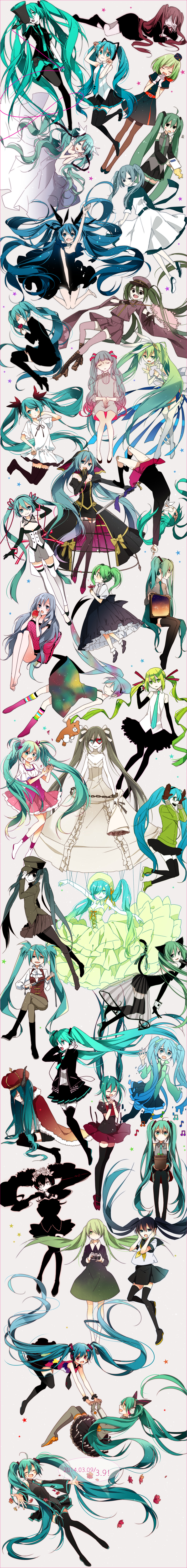 1/6_-out_of_the_gravity-_(vocaloid) 10s 1925_(vocaloid) 2014 3331_(vocaloid) 39 6+girls absurdres aged_down ahoge annotation_request apple aqua_eyes aqua_hair beamed_quavers bouquet camera closed_eyes dated detached_sleeves dress eien_ni_shiawase_ni_naru_houhou_mitsukemashita_(vocaloid) floating_hair flower food fruit garter_straps gloves green_eyes green_hair hat hatsune_miku hatsune_miku_(dimension) hatsune_miku_(heartbeat) hatsune_miku_(orbit) hatsune_miku_(saihate) hatsune_miku_(supreme) hatsune_miku_no_shoushitsu_(vocaloid) hello_planet_(vocaloid) highres holding_hands koi_wa_sensou_(vocaloid) long_hair long_image marionette_(vocaloid) matryoshka_(vocaloid) megaphone melt_(vocaloid) multiple_girls musical_note naoto_(tulip) necktie nijigen_dream_fever_(vocaloid) nisoku_hokou_(vocaloid) odds_&amp;_ends_(vocaloid) open_mouth pantyhose paw_pose peaked_cap plant potted_plant puzzle_(vocaloid) quaver revision rolling_girl_(vocaloid) romeo_to_cinderella_(vocaloid) school_uniform senbon-zakura_(vocaloid) serafuku shinkai_shoujo_(vocaloid) short_hair skirt songover spica_(vocaloid) star_(symbol) sword tall_image tell_your_world_(vocaloid) the_beast_(vocaloid) thighhighs twintails very_long_hair vocaloid voice_(vocaloid) weapon world_is_mine_(vocaloid)