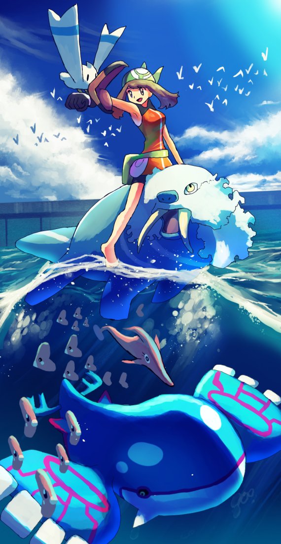 1girl :d bandana bare_legs barefoot breasts brown_hair day gen_3_pokemon gorebyss green_bandana kyogre legendary_pokemon luvdisc may_(pokemon) may_(pokemon_emerald) medium_breasts nintendo open_mouth outdoors partially_underwater_shot pokemon pokemon_(creature) pokemon_emerald pokemon_rse rowdon smile underwater walrein water wingull
