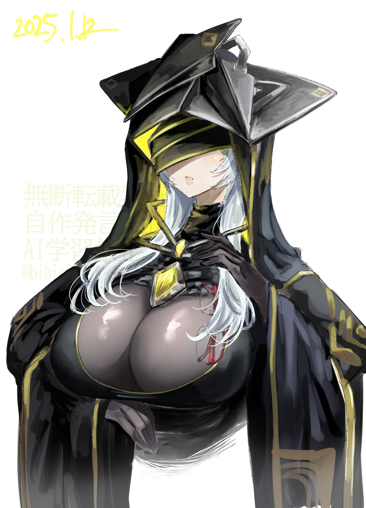 1girl 2025 bibie307 black_veil bodystocking breasts covered_eyes d.e.e.p._(nikke) eyewear_hang gloves goddess_of_victory:_nikke highres large_breasts long_hair no_eyes open_mouth red-framed_eyewear red_background semi-rimless_eyewear unworn_eyewear upper_body veil white_background white_hair wide_sleeves