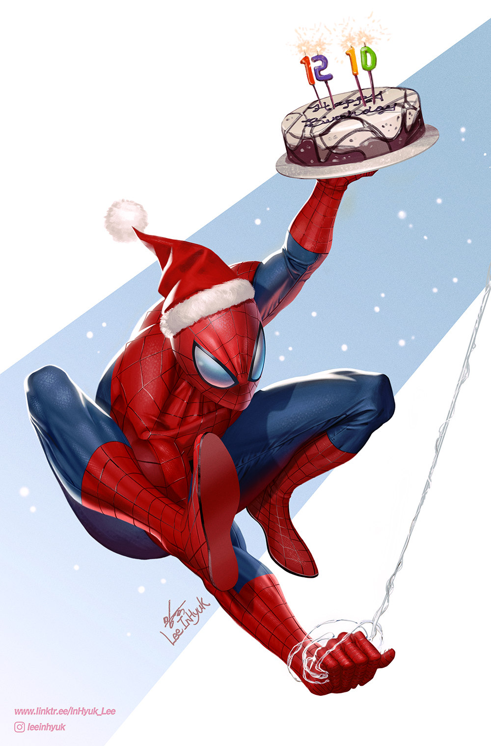 1boy artist_name birthday_cake blue_bodysuit bodysuit cake food hat highres in-hyuk_lee instagram_logo instagram_username marvel plate red_bodysuit red_hat santa_hat signature solo spider-man spider-man_(series) two-tone_bodysuit watermark web_address