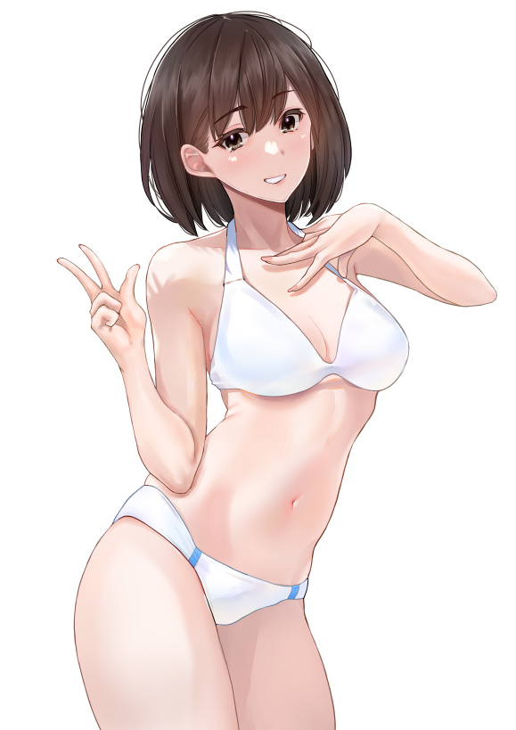 1girl bikini black_hair breasts brown_eyes cleavage cowboy_shot grin hand_on_own_chest leaning_forward looking_at_viewer mature_female medium_breasts navel nobita_(nbnobita) original short_hair simple_background smile solo standing swimsuit v white_background white_bikini