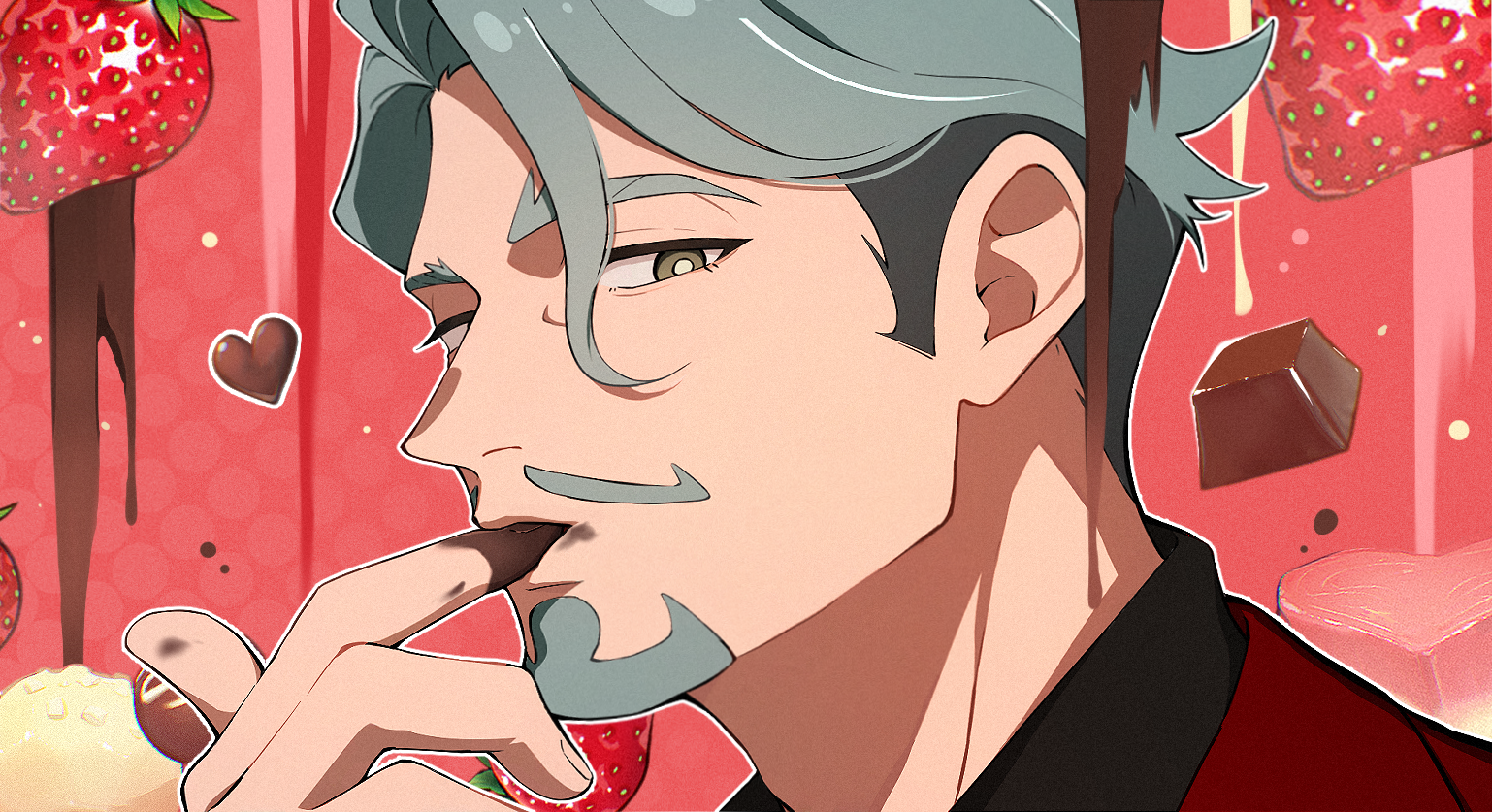 1boy beard black_shirt brown_eyes challia_bull choco_(chocovix112) chocolate_on_hand facial_hair finger_sucking food food_on_hand fruit grey_hair gundam gundam_gquuuuuux heart jacket looking_at_viewer male_focus mustache pink_background polka_dot polka_dot_background portrait red_jacket shirt solo strawberry thick_eyebrows