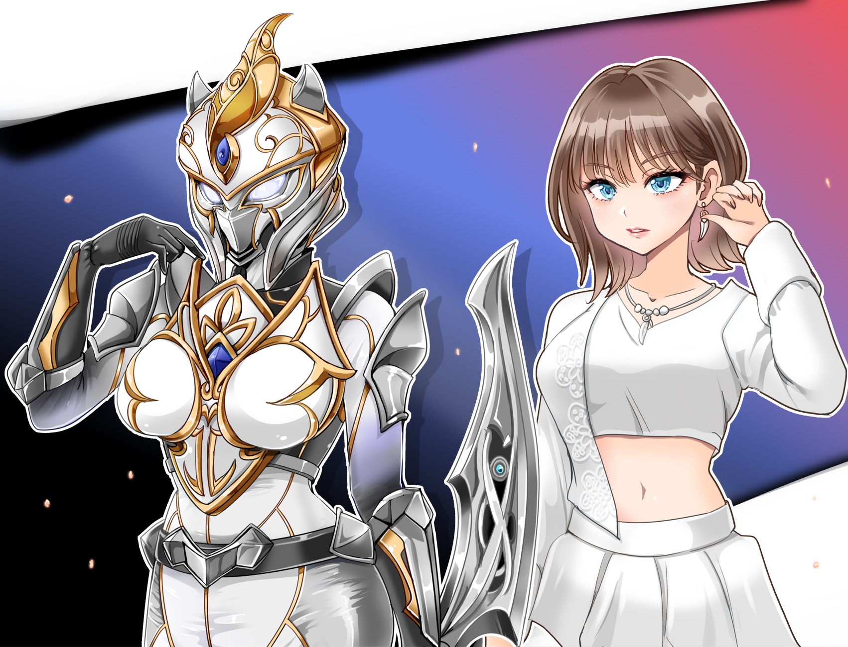 1041_(toshikazu) 1girl avataro_sentai_donbrothers belt blue_eyes bouse brown_hair crop_top dual_persona earrings formal_clothes helmet highres jewelry midriff necklace skirt sononi sononi_(donbrothers) suit super_sentai