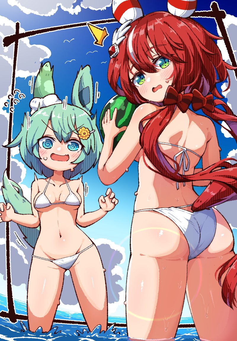 2girls @_@ animal_ears ass ball bikini blue_eyes blush bow breasts commission day ear_covers flying_sweatdrops green_eyes green_hair hair_bow hair_ornament holding holding_ball horse_girl horse_tail kado_(hametunoasioto) long_hair looking_at_viewer medium_breasts multiple_girls open_mouth outdoors red_bow seiun_sky_(umamusume) single_ear_cover skeb_commission sky swimsuit tail umamusume wading water white_bikini win_variation_(umamusume)