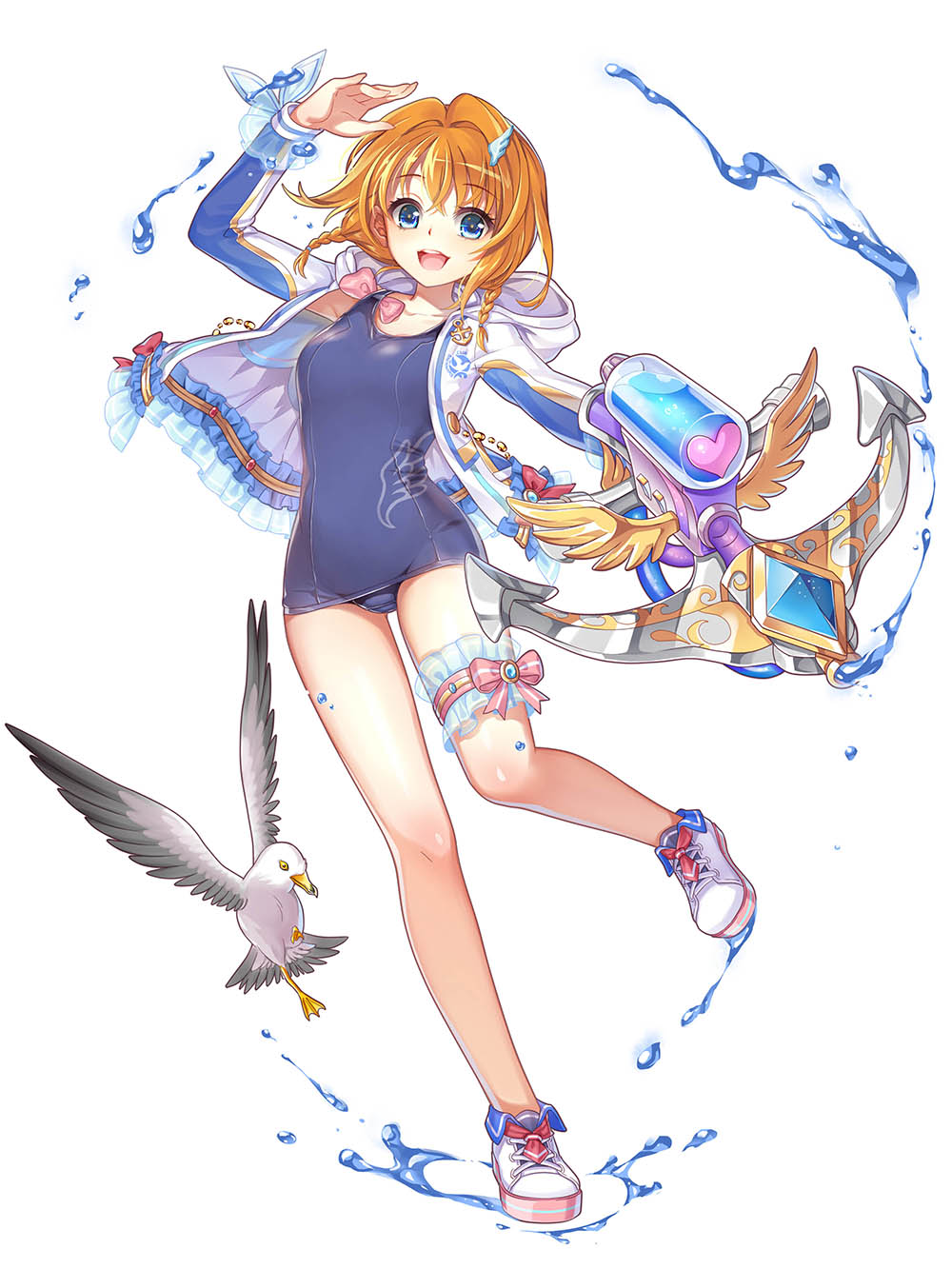 1girl animal baizu_(guszx) bird blue_eyes bow_(weapon) breasts crossbow full_body hair_ornament hairpin highres holding holding_crossbow holding_weapon hood hoodie kamome_narumi looking_at_viewer open_mouth ribbon salute school_swimsuit shironeko_project shoes simple_background smile solo splatter standing standing_on_one_leg swimsuit tachi-e teeth thighs upper_teeth_only water water_drop weapon white_background