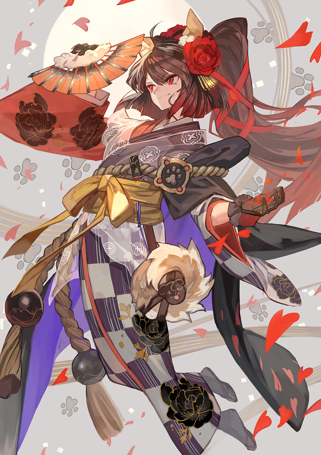 1girl ahoge breasts brown_hair checkered_clothes checkered_kimono fate/grand_order fate_(series) floral_print flower full_body grey_kimono hair_flower hair_ornament hair_ribbon highres japanese_clothes kimono kyokutei_bakin_(fate) kyokutei_bakin_(second_ascension)_(fate) lack long_hair long_sleeves medium_breasts multicolored_kimono ponytail red_eyes red_kimono red_ribbon ribbon rope sash smile solo very_long_hair wide_sleeves
