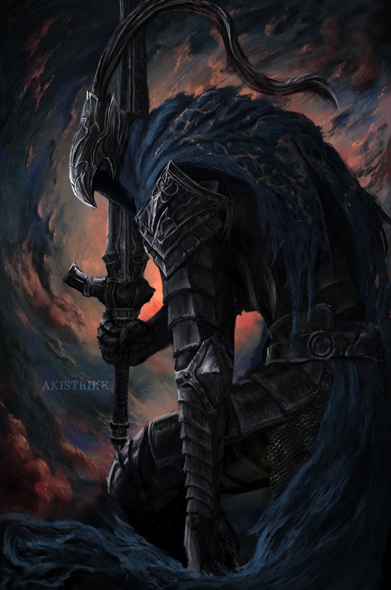 1boy aki_(akistrike) armor artorias_the_abysswalker cape dark_souls_(series) dark_souls_i full_armor gauntlets helmet highres holding holding_sword holding_weapon knight leaning_forward male_focus multicolored_background pauldrons plume shoulder_armor solo standing sword torn_clothes weapon
