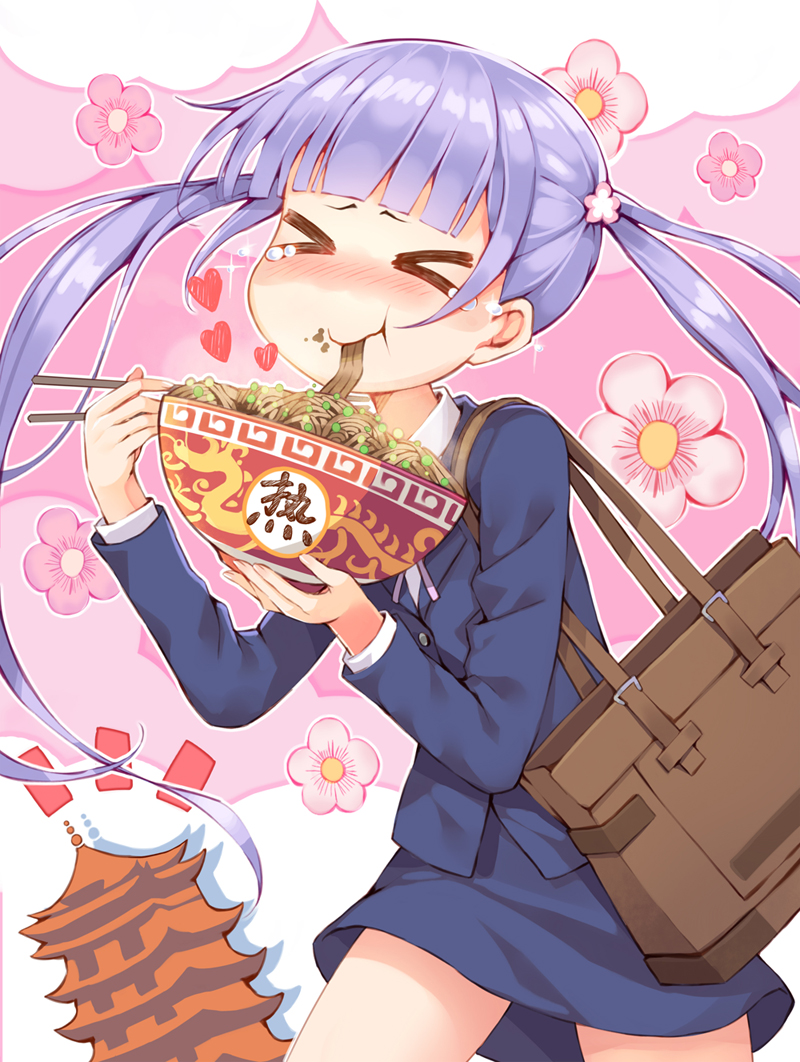 &gt;_&lt; 1girl :t bag blue_jacket blue_skirt blunt_bangs blush bowl chopsticks closed_eyes commentary_request cowboy_shot eating female_focus floral_background flower food food_on_face formal_clothes hair_flower hair_ornament heart holding holding_bowl holding_chopsticks jacket kazuzu leaning_forward long_hair long_sleeves miniskirt new_game! noodles notice_lines outline pagoda pink_background purple_hair shoulder_bag skirt solo suit suzukaze_aoba tears very_long_hair