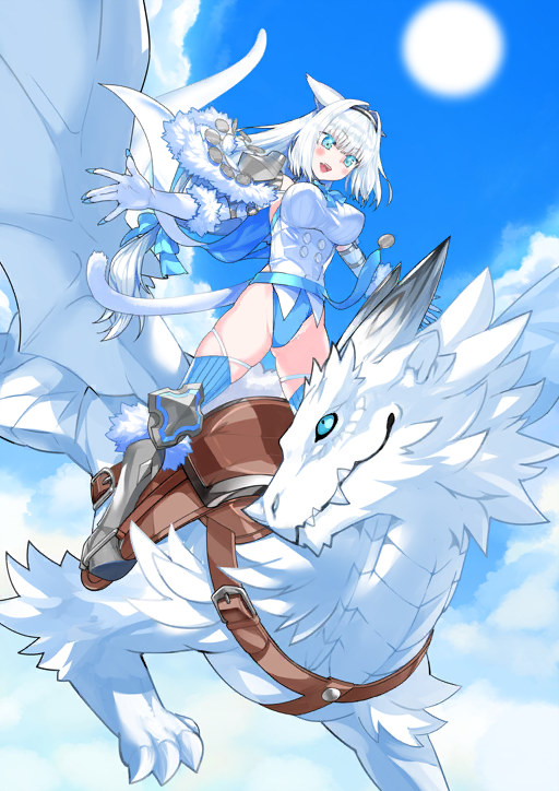 1girl :d \||/ animal_ears armored_boots blue_background blue_bow blue_eyes blue_nails blue_sash blue_sky blue_thighhighs blush boots bow breasts burko_(fate) buttons cape cat_ears cat_girl cat_tail cloud day dobrynya_nikitich_(fate) dobrynya_nikitich_(third_ascension)_(fate) dragon dynamic_pose elbow_gloves fate/grand_order fate_(series) full_body fur-trimmed_boots fur-trimmed_cape fur_trim game_cg gloves grey_hairband groin hair_bow hair_intakes hairband highleg highleg_leotard horseback_riding large_breasts leotard long_hair looking_down low-tied_long_hair multicolored_leotard official_art open_mouth outstretched_arms riding robina saddle sash sidelocks skindentation sky smile solo stirrups_(riding) sun tail taut_clothes teeth thighhighs third-party_source two-sided_cape two-sided_fabric two-tone_leotard underbust upper_teeth_only very_long_hair western_dragon white_cape white_gloves white_leotard white_tail
