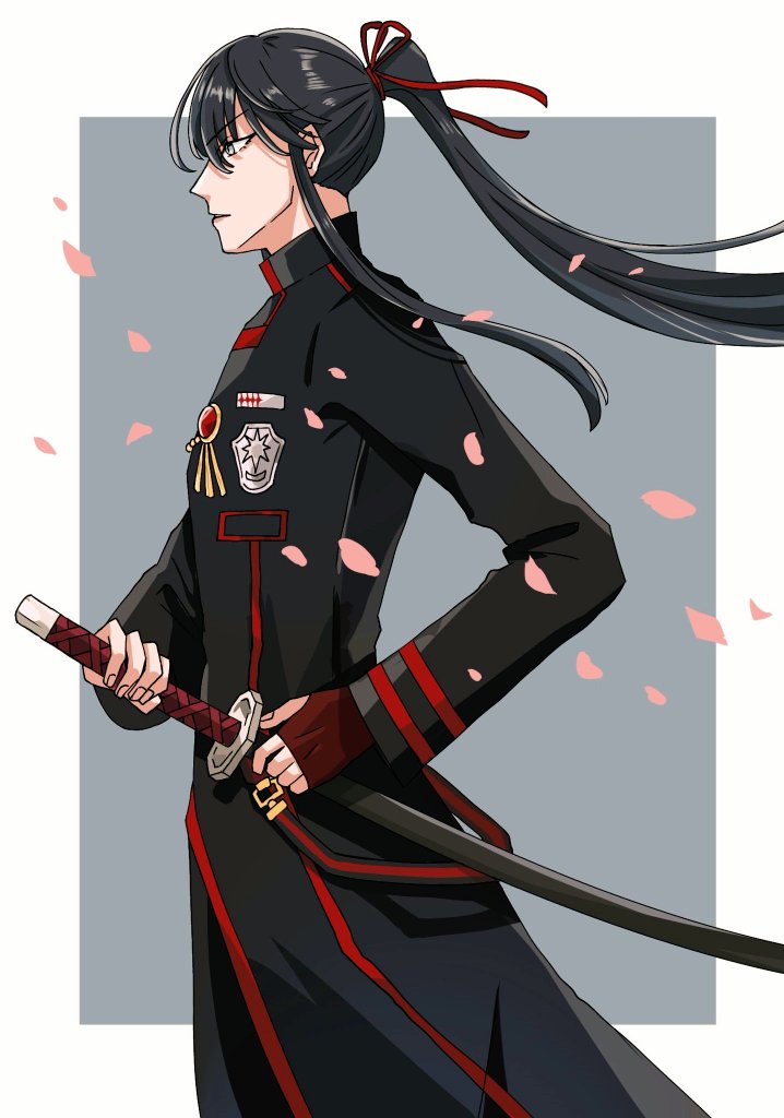 1boy badge black_coat black_hair black_order_uniform black_pants border cherry_blossoms coat cross d.gray-man falling_petals fingerless_gloves floating_clothes floating_hair gloves grey_background grey_eyes hair_between_eyes hair_ribbon high_ponytail holding holding_sword holding_weapon kanda_yuu katana long_coat long_hair looking_ahead looking_to_the_side male_focus military military_uniform outside_border pants petals pink_petals ponytail profile raia_(pomq_1357) red_gloves red_ribbon red_stripes ribbon sidelocks solo striped_clothes striped_coat sword vertical-striped_clothes weapon white_border
