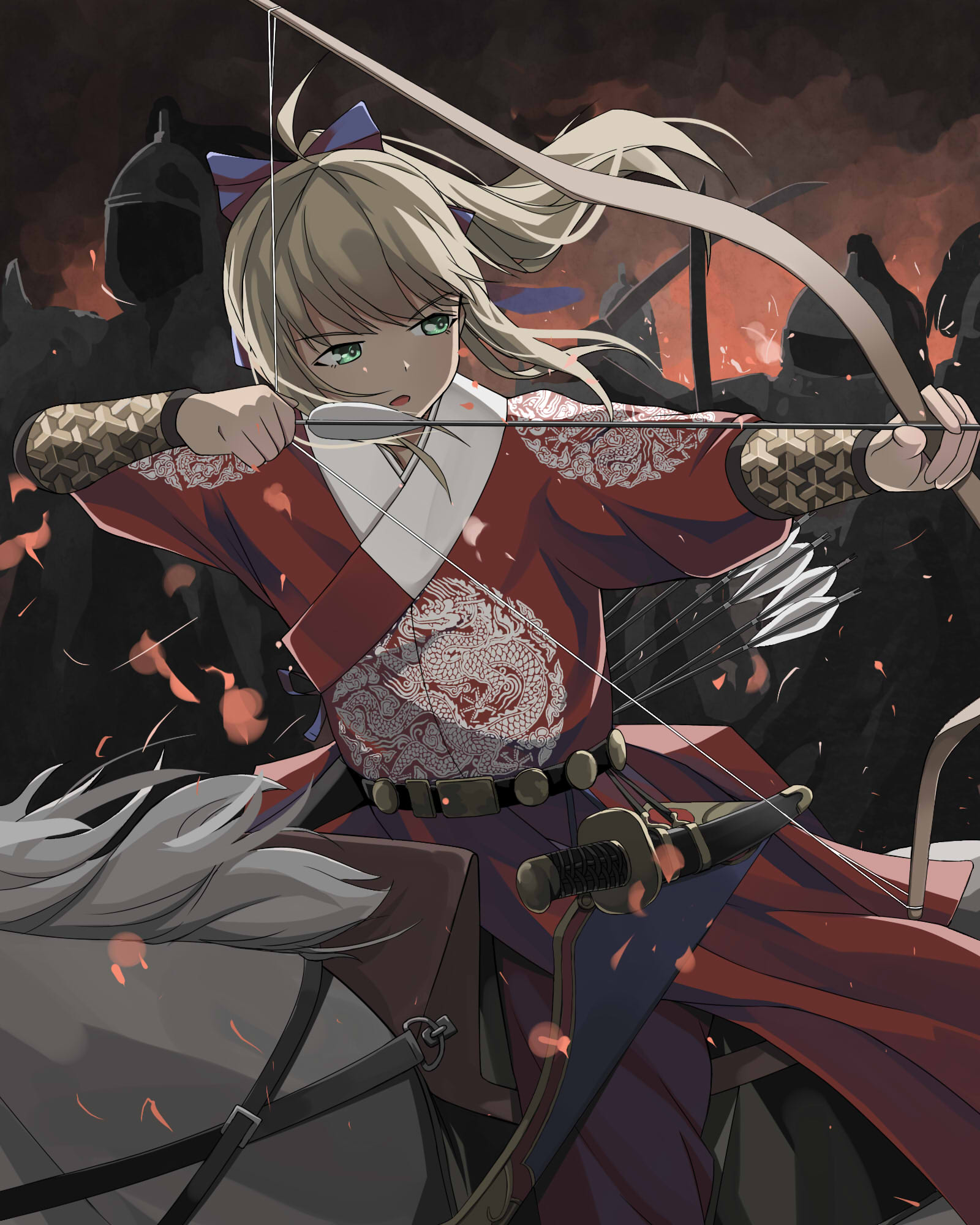1girl 4others alternate_costume arm_guards armor arrow_(projectile) artoria_pendragon_(fate) belt blonde_hair blue_ribbon bow_(weapon) chinese_armor chinese_clothes chinese_empire embroidered fate/grand_order fate_(series) green_eyes hair_ribbon hanfu highres horseback_archery horseback_riding ming_dynasty multiple_others ponytail ribbon riding saber_(fate) sheath sheathed solo_focus sword weapon zhengz zhijupao