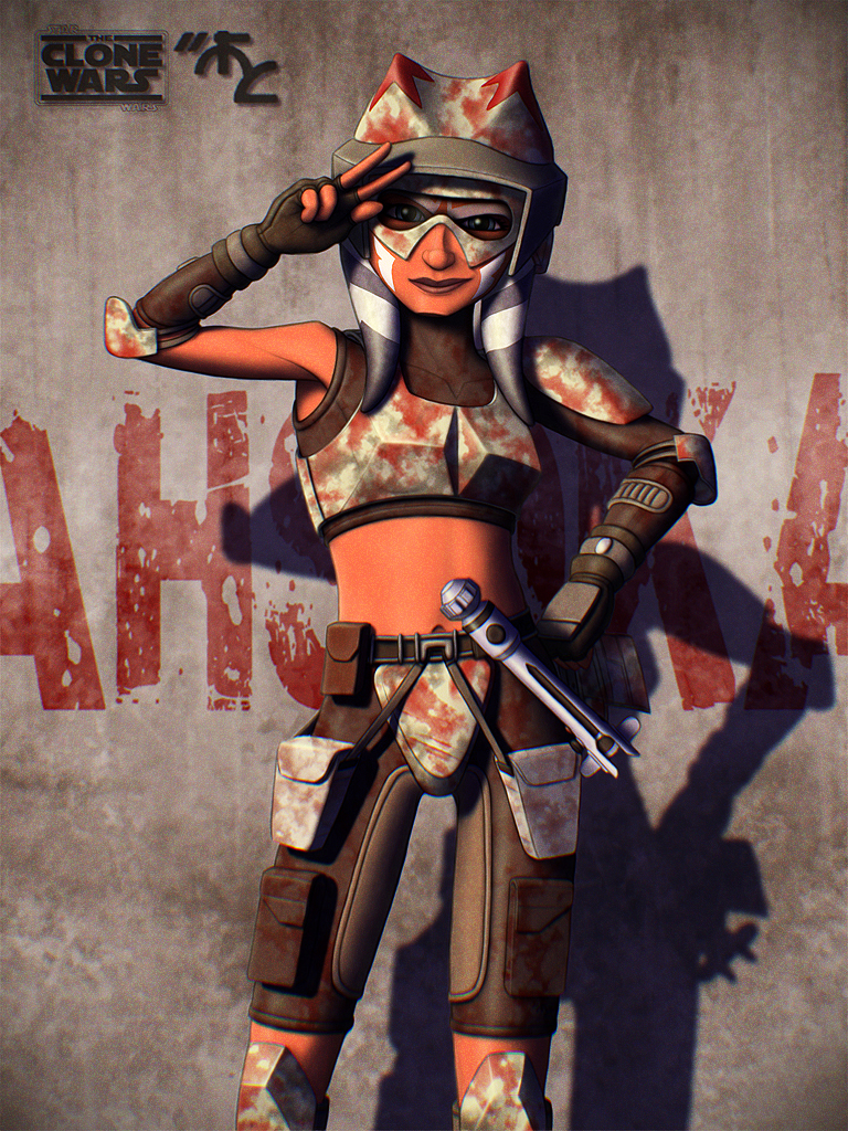 1girl 2010 ahsoka_tano alien armor text_background colored_skin energy_sword facial_tattoo feet_out_of_frame fingerless_gloves forehead_protector gloves grey_background helmet jedi knee_guards lightsaber looking_at_viewer mask mask_on_head master-cyrus midriff navel orange_skin pouch shorts smirk star_wars star_wars:_the_clone_wars sword tattoo togruta weapon