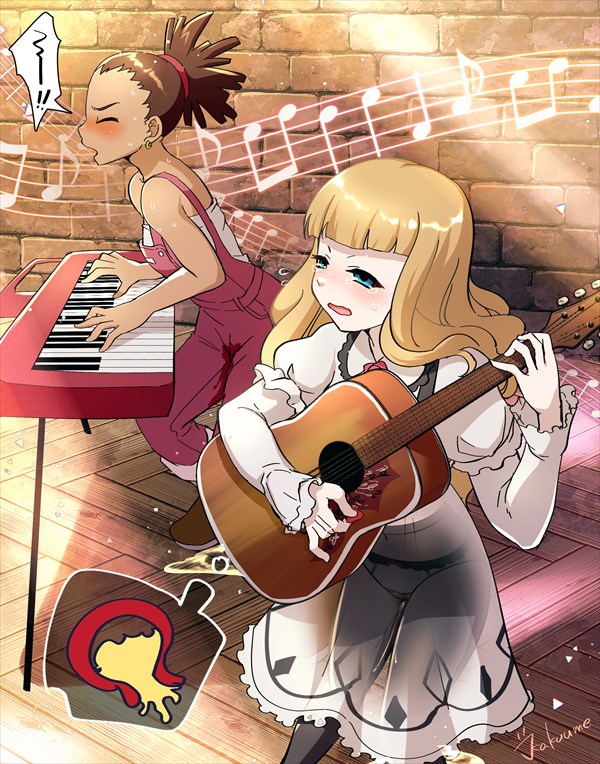2girls bare_shoulders black_legwear blonde_hair blue_eyes blunt_bangs blush brown_footwear brown_hair cameltoe carole_&amp;_tuesday carole_stanley closed_eyes dark-skinned_female dark_skin dress earrings female_focus flying_sweatdrops freckles from_side guitar hair_tie half-closed_eyes hand_up holding indoors instrument jewelry juliet_sleeves kakuume keyboard_(instrument) long_hair long_sleeves multiple_girls music musical_note navel nose_blush open_mouth overalls panties pantyhose peeing peeing_self playing_instrument plectrum puddle puffy_sleeves see-through_clothes shirt shoes short_hair speech_bubble strapless strapless_shirt sweat tears thought_bubble topknot tuesday_simmons underwear urine_meter wet wet_clothes wet_panties white_dress white_panties white_shirt x-ray