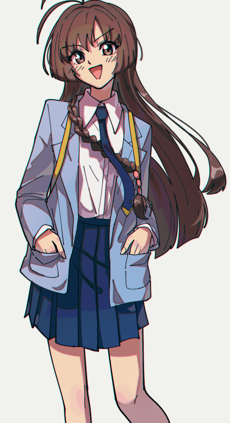1girl :d akizuki_nakuru blazer blue_jacket blue_necktie blue_skirt braid brown_eyes brown_hair cardcaptor_sakura collared_shirt dress_shirt floating_hair highres jacket long_hair long_sleeves looking_at_viewer miniskirt necktie nzeneee open_clothes open_jacket open_mouth pleated_skirt school_uniform shirt shirt_tucked_in simple_background single_braid sketch skirt smile solo standing tomoeda_high_school_uniform very_long_hair white_background white_shirt wing_collar