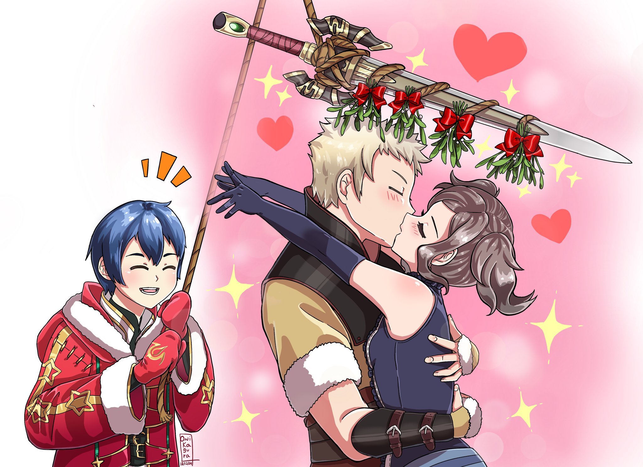 1boy 2girls blonde_hair blue_gloves blue_hair brown_hair christmas closed_eyes commission couple cynthia_(fire_emblem) elbow_gloves fire_emblem fire_emblem_awakening fur_trim gloves heart highres hug kagura_oni kiss male_robin_(fire_emblem) male_robin_(fire_emblem)_(cosplay) mistletoe male_morgan_(fire_emblem) multiple_girls nintendo owain_(fire_emblem) pink_background red_gloves rope santa_costume short_sleeves short_twintails simple_background smile sword twintails weapon
