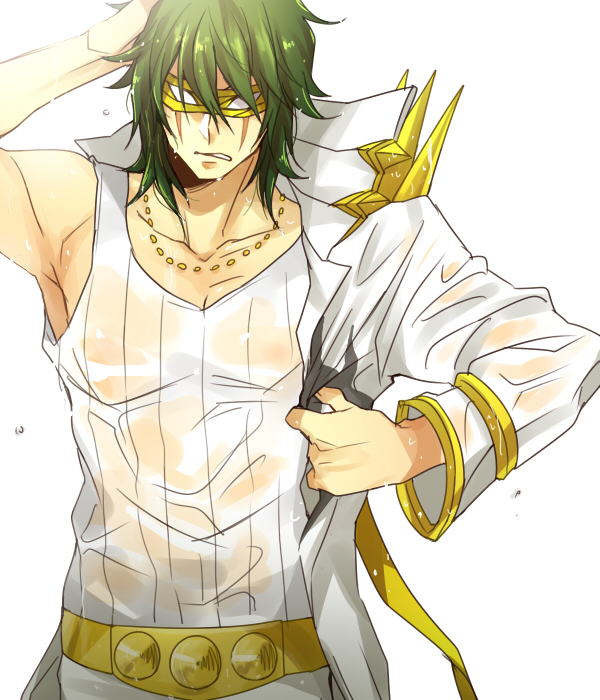 10s 1boy bad_id bad_pixiv_id green_hair jewelry kill_la_kill male_focus mask mojya necklace sanageyama_uzu scar solo wet