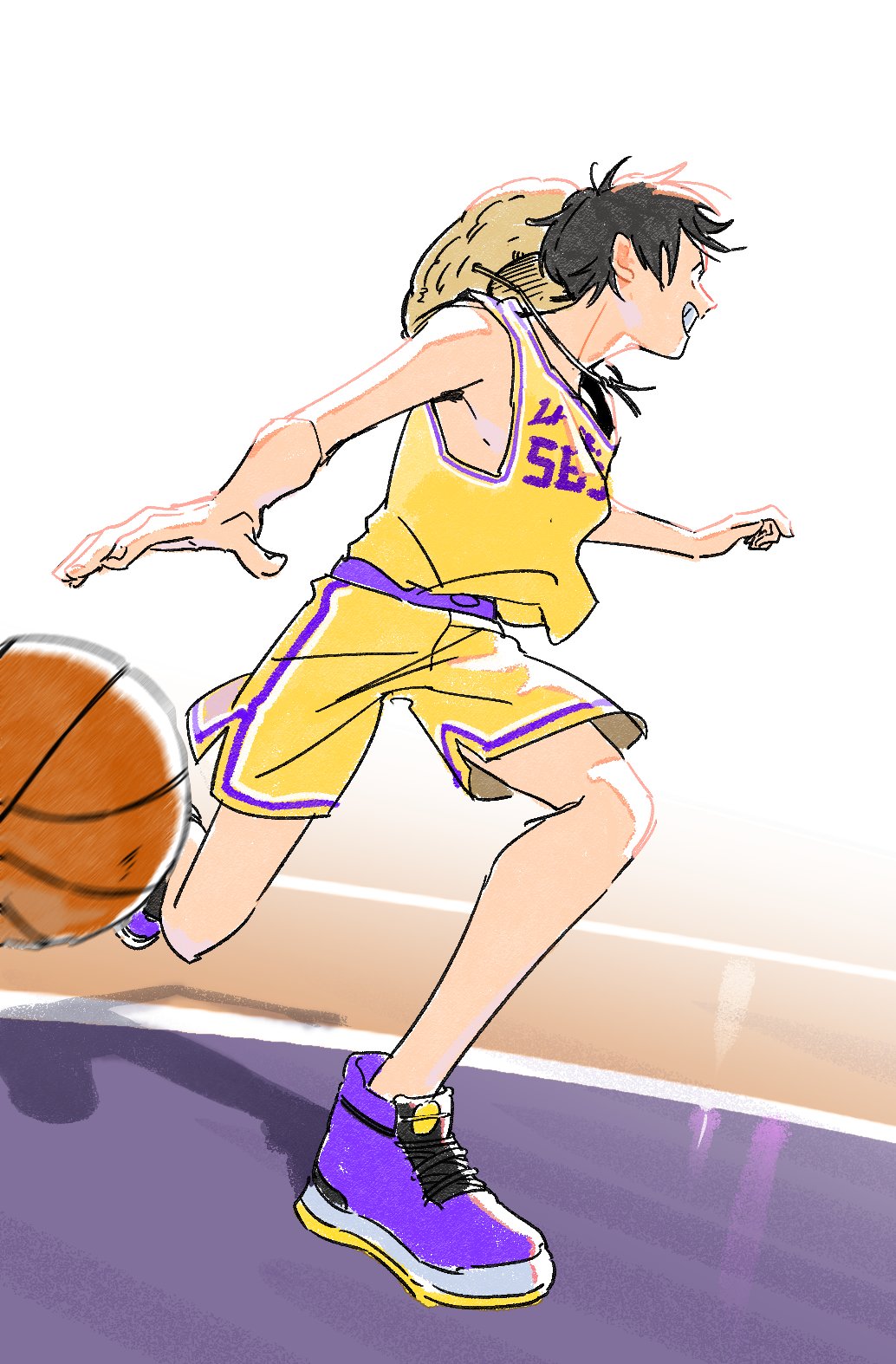 1boy ball basketball_(object) basketball_uniform black_hair commentary hat highres kio6565 looking_to_the_side los_angeles_lakers male_focus monkey_d._luffy one_piece purple_shoes shoes short_hair smile sneakers solo sportswear straw_hat symbol-only_commentary