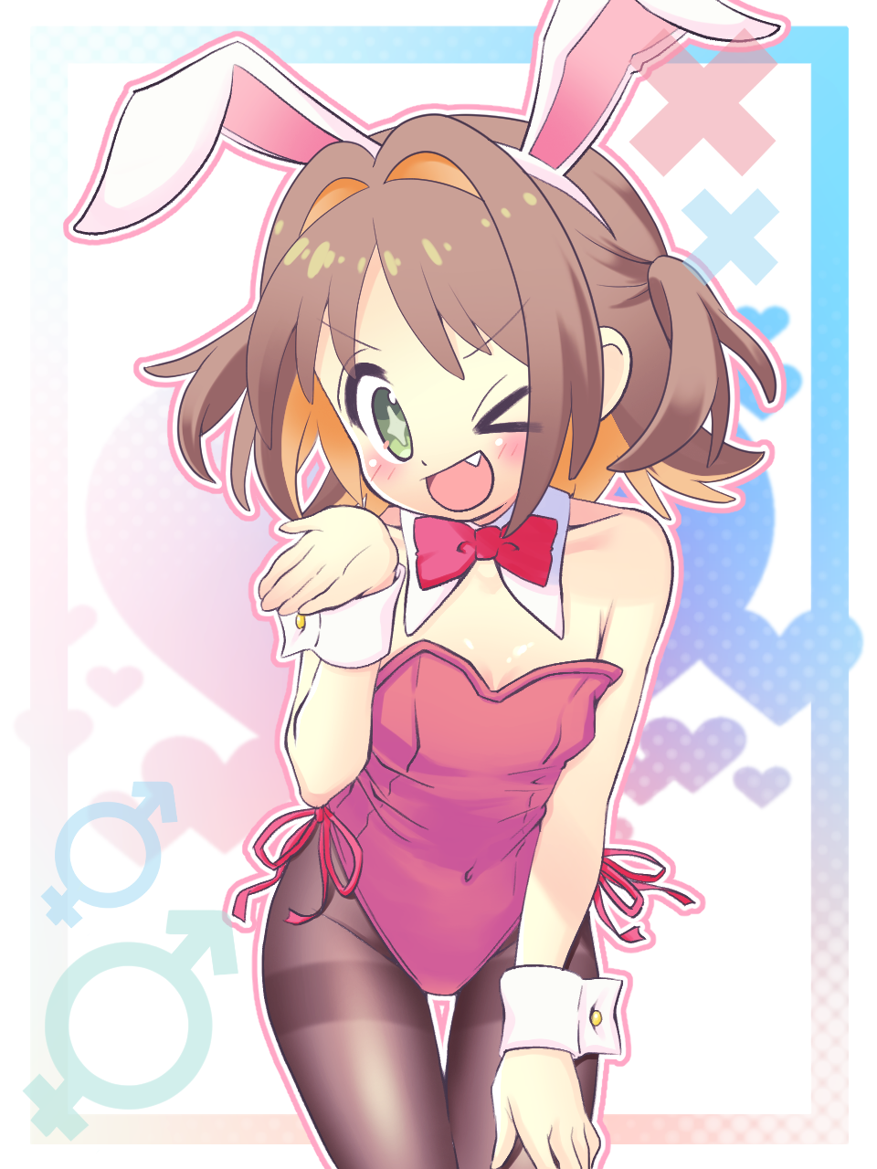 &gt;_o +_+ 1girl ;d animal_ear_hairband animal_ears bare_arms bare_shoulders black_pantyhose blush bow bowtie breasts brown_hair collarbone colored_inner_hair commentary cosplay covered_navel cowboy_shot detached_collar fake_animal_ears fang green_eyes hair_intakes hairband hand_on_own_thigh heart heart_background highres leaning_forward leotard looking_at_viewer male-female_symbol multicolored_hair nemu0701 oka_asahi one_eye_closed onii-chan_wa_oshimai! open_mouth orange_hair outline oyama_mahiro oyama_mahiro_(cosplay) pantyhose pink_outline playboy_bunny rabbit_ears red_bow red_bowtie red_leotard short_hair simple_background small_breasts smile solo strapless strapless_leotard thigh_gap thighband_pantyhose two-tone_hair two_side_up white_hairband wrist_cuffs