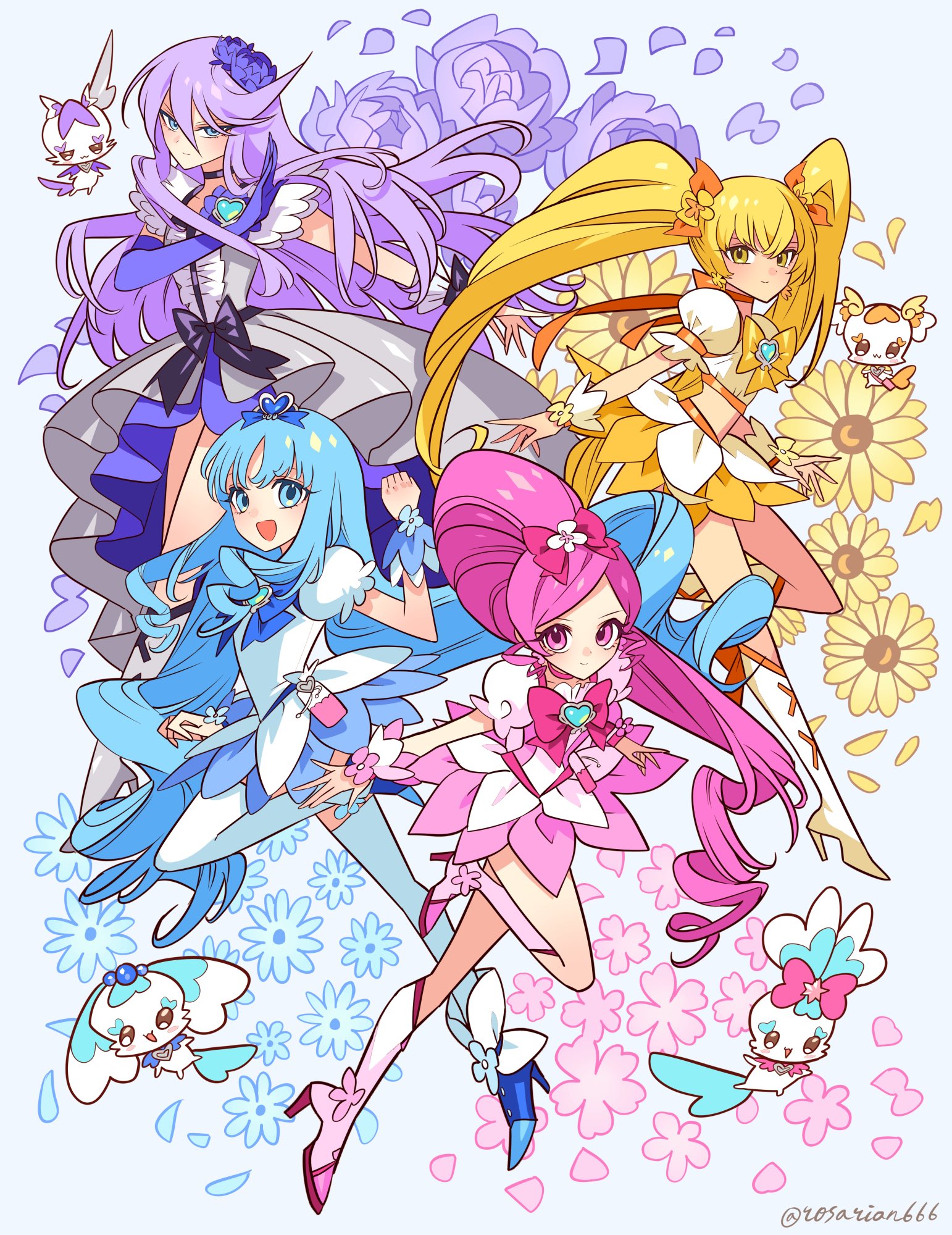 4girls blonde_hair blue_eyes blue_hair boots bow brooch cherry_blossoms chypre_(heartcatch_precure!) coffret_(heartcatch_precure!) cologne_(heartcatch_precure!) crop_top cure_blossom cure_marine cure_moonlight cure_sunshine dress elbow_gloves fairy flower full_body gloves grey_dress hair_bow hair_flower hair_ornament hanasaki_tsubomi heartcatch_precure! high-low_dress high-low_skirt high_heel_boots high_heels high_ponytail highres jewelry knee_boots kurumi_erika long_hair looking_at_viewer magical_girl meremero miniskirt multiple_girls myoudouin_itsuki pink_eyes pink_hair ponytail potpourri_(heartcatch_precure!) precure puffy_short_sleeves puffy_sleeves purple_hair purple_skirt rose shoes short_sleeves single_elbow_glove skirt skirt_under_dress smile sunflower thighhighs tsukikage_yuri twintails very_long_hair white_dress wrist_cuffs yellow_eyes