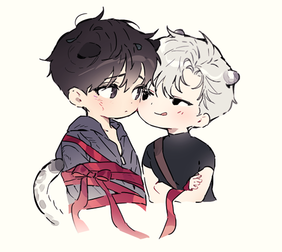 2boys :p animal_ears black_eyes black_hair black_shirt bow cat_boy cat_ears closed_mouth cropped_torso eye_contact grey_hoodie hood hoodie ilay_riegrow jeong_taeui jinsimpunch long_sleeves looking_at_another male_focus multiple_boys passion_(manhwa) red_bow red_ribbon ribbon shirt short_sleeves simple_background snow_leopard_boy snow_leopard_ears snow_leopard_tail tight_clothes tight_shirt tongue tongue_out upper_body white_background white_hair yaoi