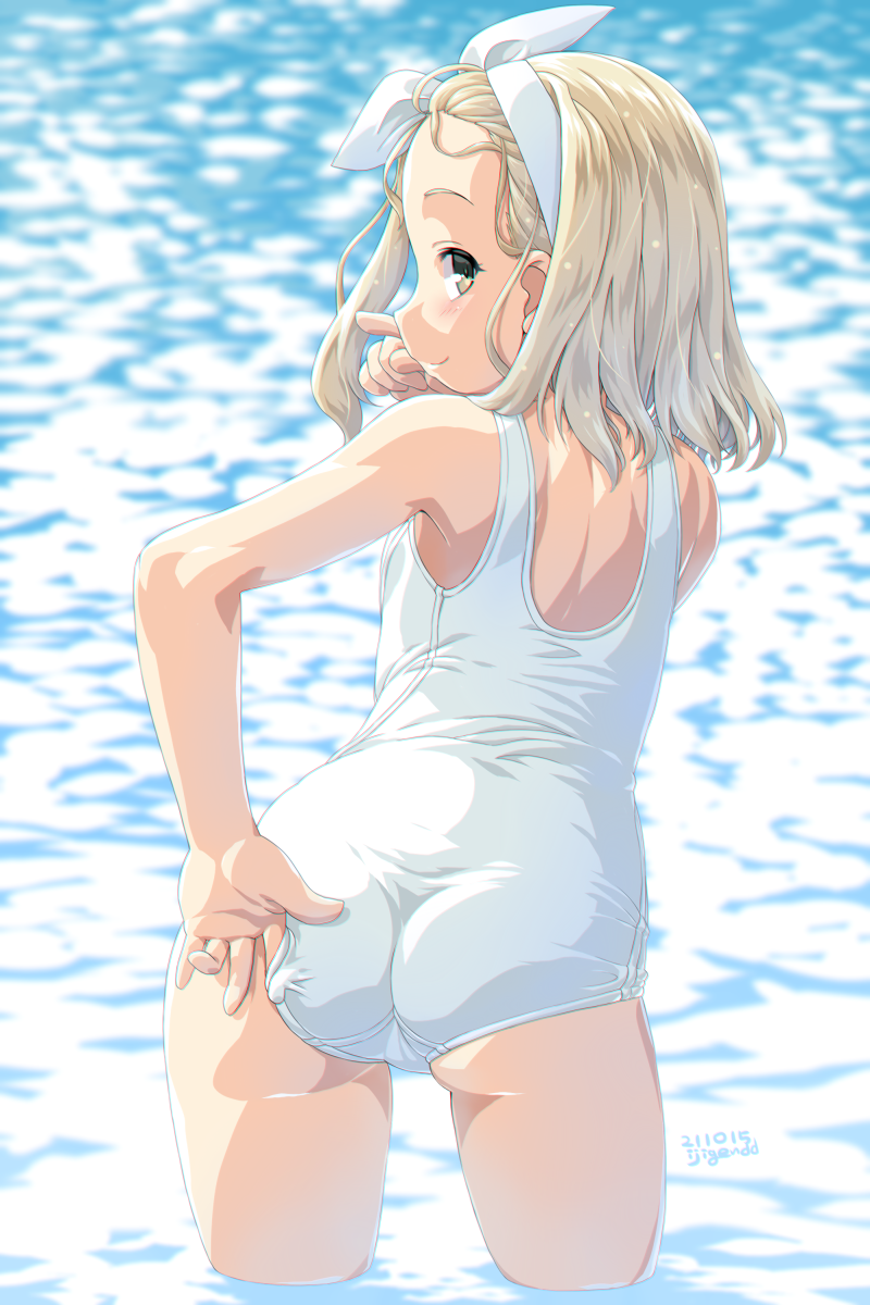 1girl adjusting_clothes adjusting_swimsuit ass blonde_hair blush dated dd_(ijigendd) from_behind hairband head_tilt highres i-504_(kancolle) kantai_collection looking_at_viewer luigi_torelli_(kancolle) one-piece_swimsuit short_hair signature smile solo swimsuit wading water white_hairband white_one-piece_swimsuit yellow_eyes