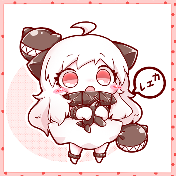 10s 1girl abyssal_ship ahoge chibi colored_skin dress female_focus horns kantai_collection mittens northern_ocean_princess open_mouth red_eyes ritateo solo white_dress white_hair white_mittens white_skin