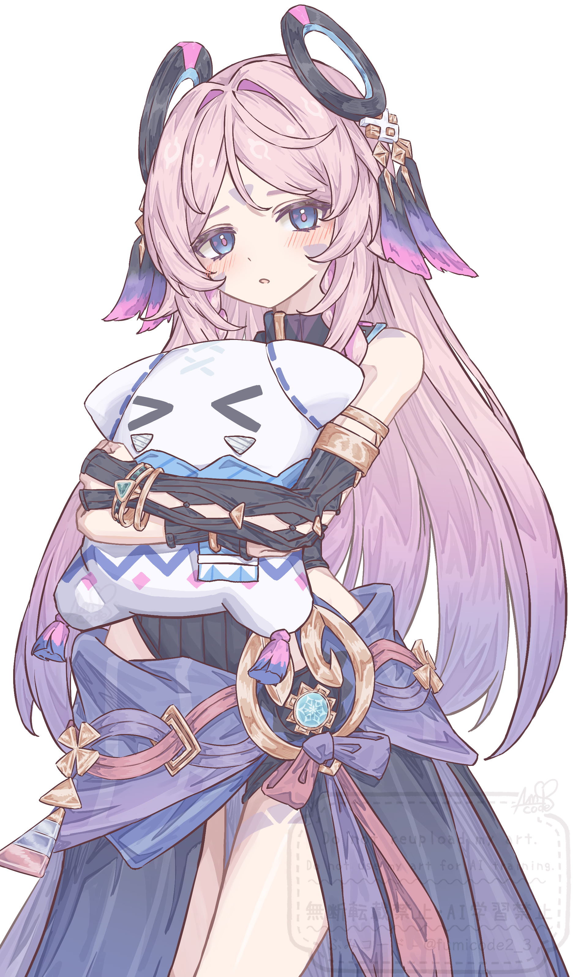 1girl absurdres asymmetrical_gloves black_gloves blue_gemstone blush braid citlali_(genshin_impact) citlalin_(genshin_impact) commentary cryo_symbol_(genshin_impact) fingerless_gloves floating_headgear fumicode2_3 gem genshin_impact gloves headgear highres holding holding_pillow long_hair looking_at_viewer multicolored_hair parted_lips pillow pink_hair pink_pupils purple_hair purple_skirt simple_background skirt sleeveless solo twin_braids uneven_gloves very_long_hair vision_(genshin_impact) white_background