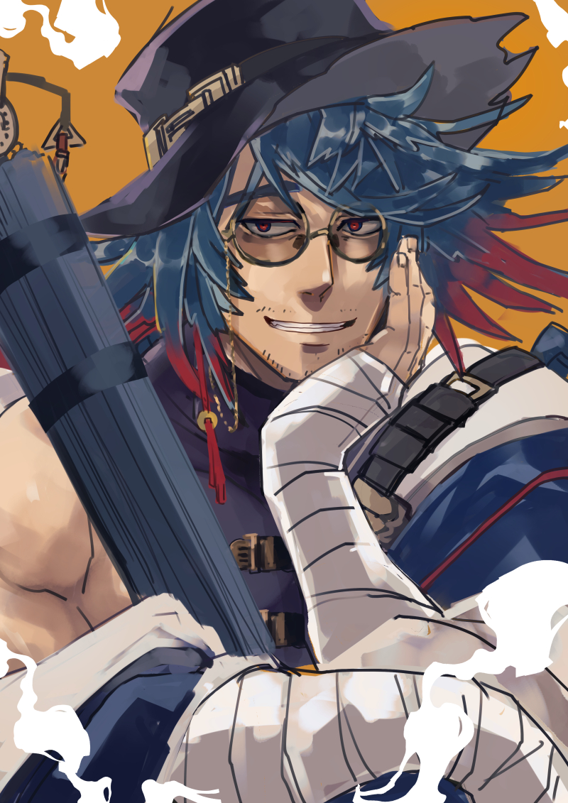 1boy arknights bandaged_arm bandaged_hand bandaged_wrists bandages black_hat blue_hair eyewear_strap glasses grin hat long_hair male_focus mr._nothing_(arknights) ohayashi55 open_mouth smile solo sunglasses