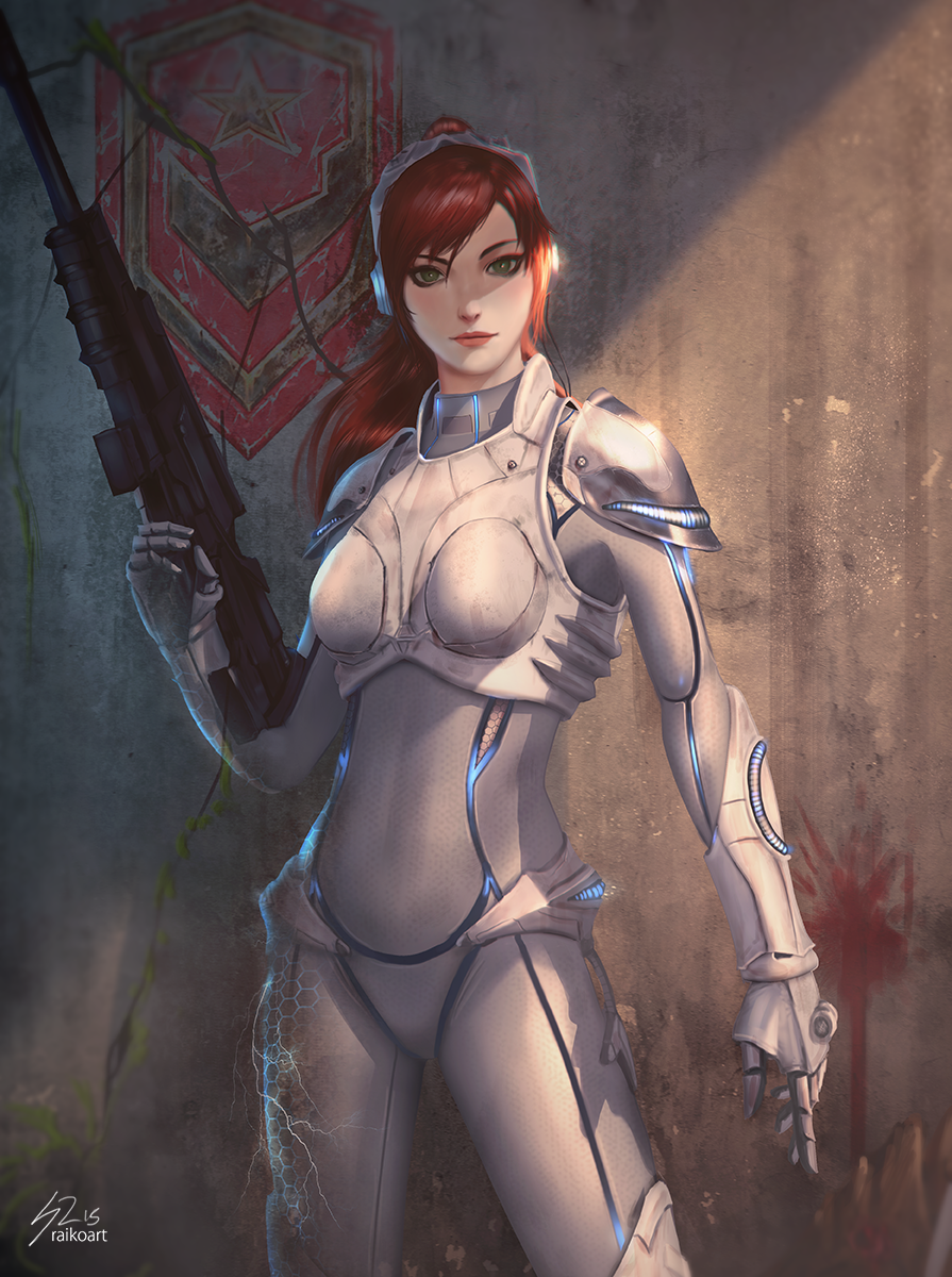 1girl armor artist_name assault_rifle blush bodysuit breastplate crevice female_focus gauntlets ghost ghost_(starcraft) glowing green_eyes gun headgear headphones highres holding holding_weapon light_smile lips long_hair looking_at_viewer md5_mismatch moss plant ponytail raikoart red_hair rifle sarah_kerrigan skin_tight solo starcraft terran wall weapon