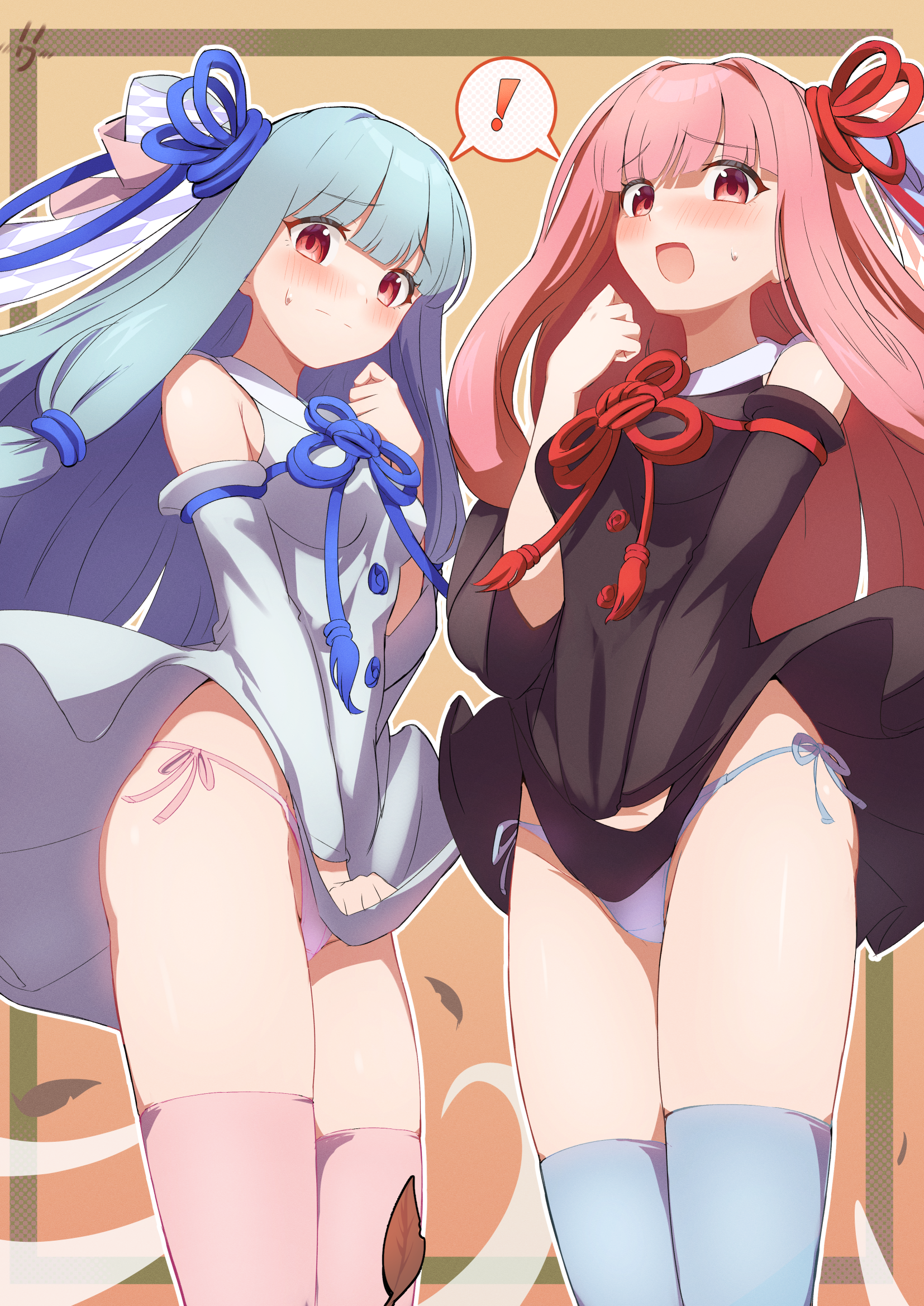! 2girls :d :| accidental_exposure autumn_leaves bare_shoulders blue_bow blue_hair blue_panties blue_ribbon blue_thighhighs blunt_bangs blush border bow breasts brown_dress brown_sleeves checkered_bow checkered_clothes clenched_hand closed_mouth clothes_lift collared_dress commentary_request cowboy_shot detached_sleeves dress dress_lift dress_tug flower_knot furrowed_brow green_border groin hair_bow hair_ribbon hair_tie highres kotonoha_akane kotonoha_aoi leaf light_blue_hair long_hair long_sleeves looking_at_viewer low-tied_sidelocks medium_breasts multiple_girls open_mouth orange_background outline panties pantyshot pink_hair pink_panties pink_thighhighs red_eyes red_ribbon ribbon ruttse shared_speech_bubble shy siblings side-tie_panties sidelocks sisters smile speech_bubble split_mouth spoken_exclamation_mark surprised sweatdrop thighhighs underwear upskirt voiceroid white_dress white_outline wind wind_lift