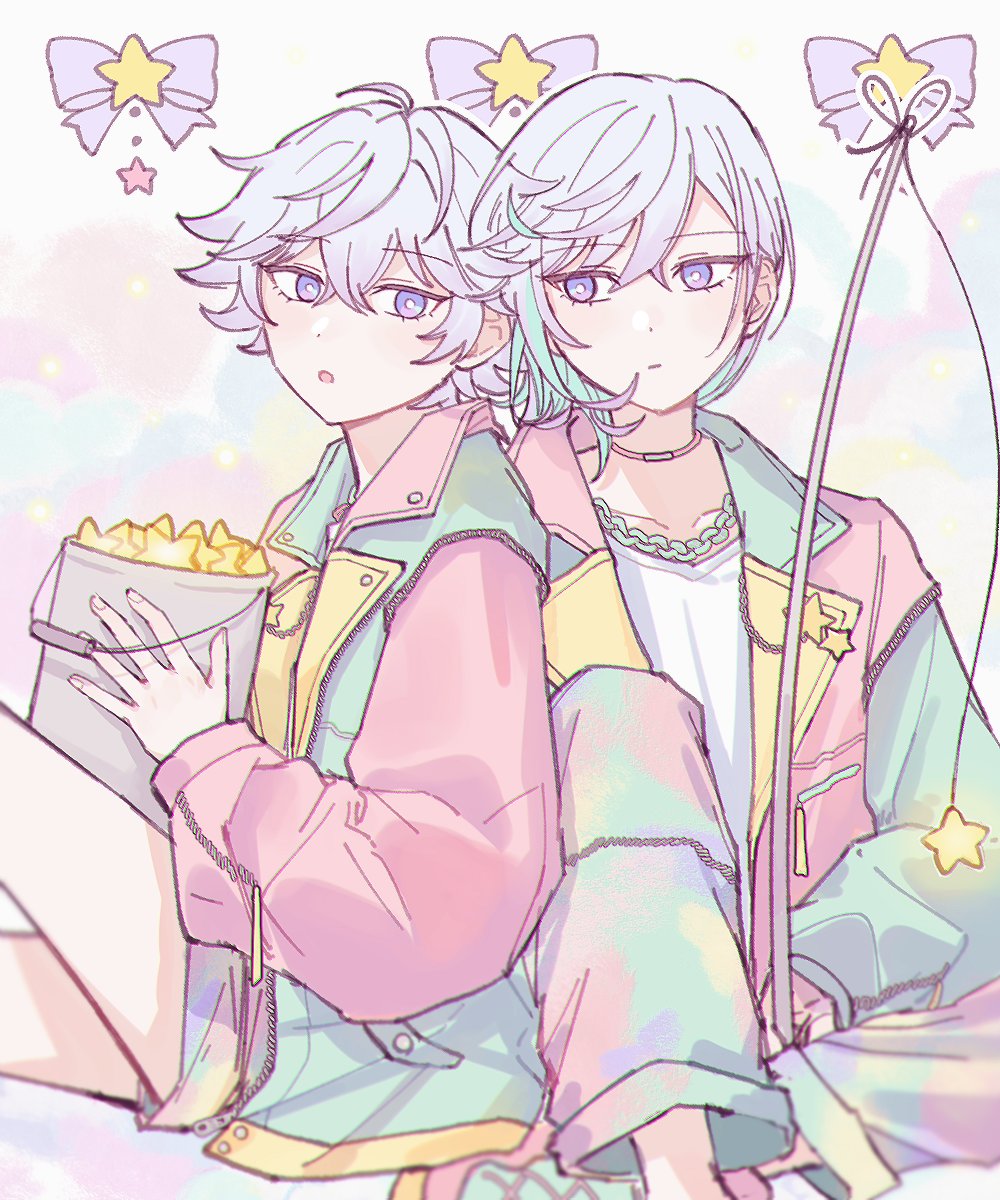2boys aqua_hair brothers cozmez_(paradox_live) facing_viewer highres jacket looking_at_another looking_at_viewer male_focus multicolored_hair multicolored_jacket multiple_boys pants paradox_live purple_eyes purple_hair shorts siblings sitting star_(symbol) twins wosurosu yatonokami_kanata yatonokami_nayuta